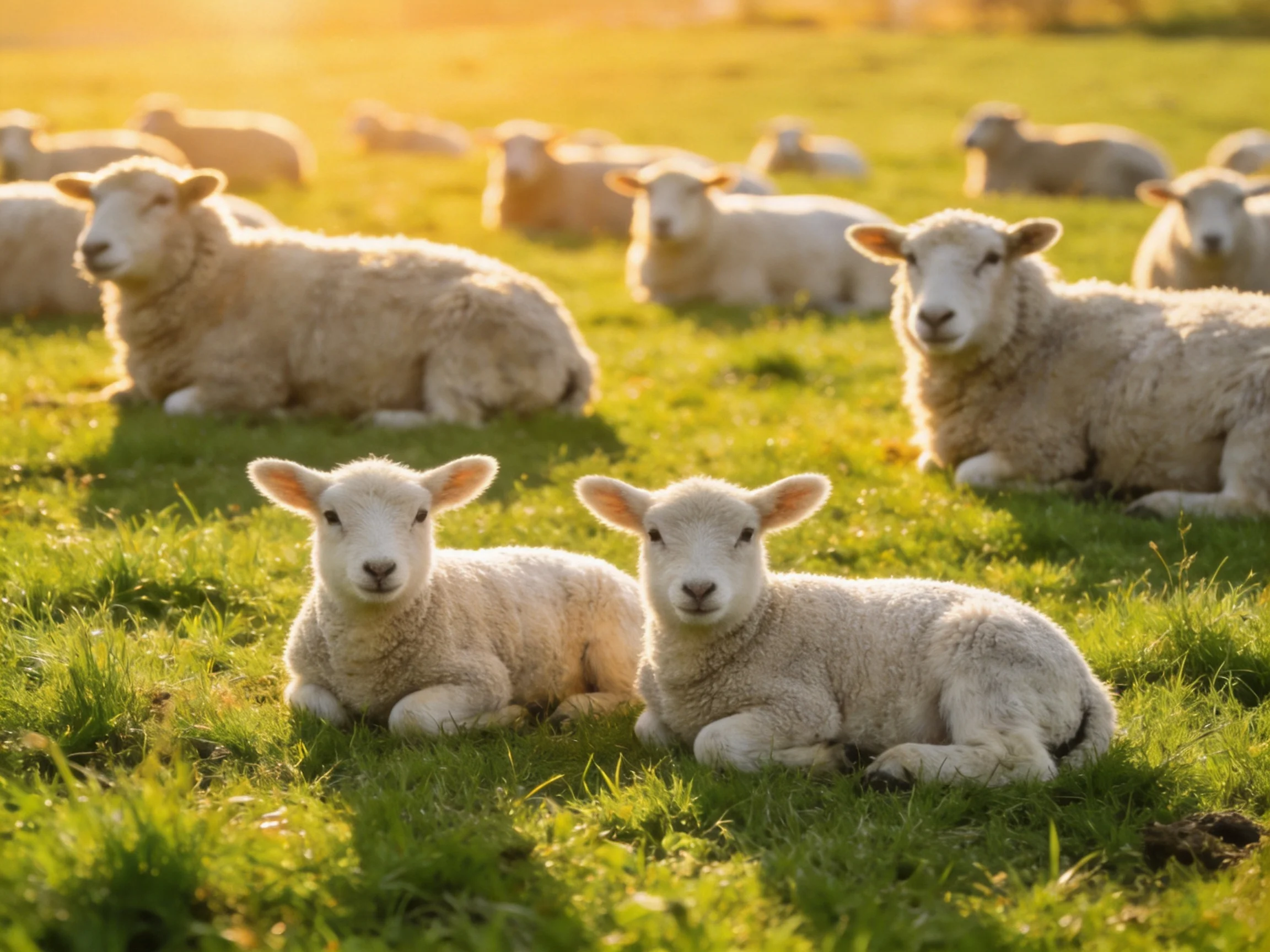 Multiple lambs rest in a sunlit green pasture with golden light