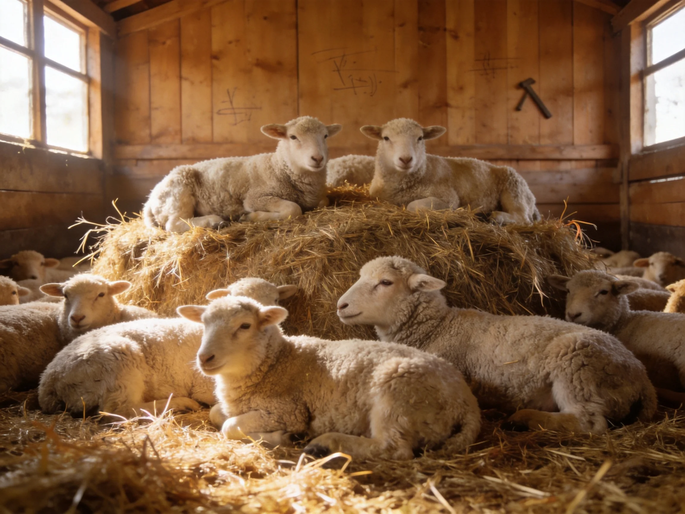 Multiple lambs resting atop hay bale in rustic wooden barn