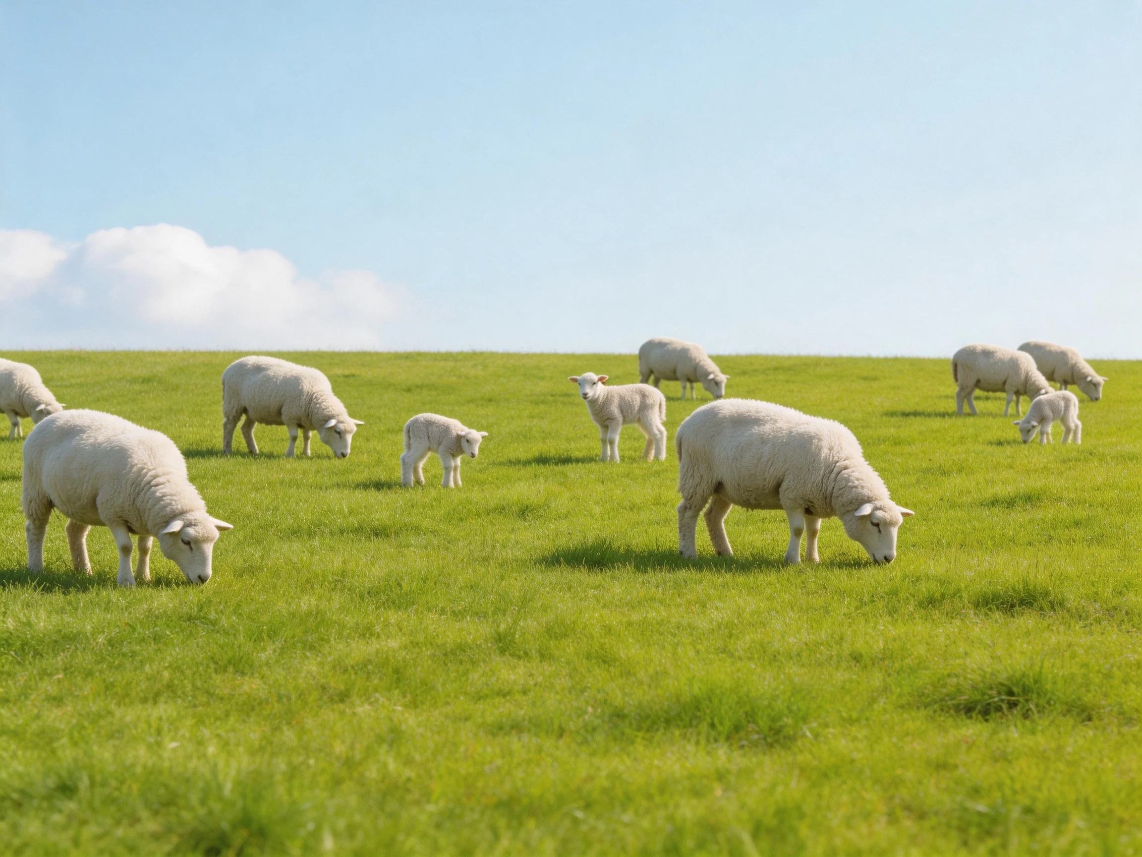 Multiple sheep and lambs graze on a vibrant green pasture with clear skies