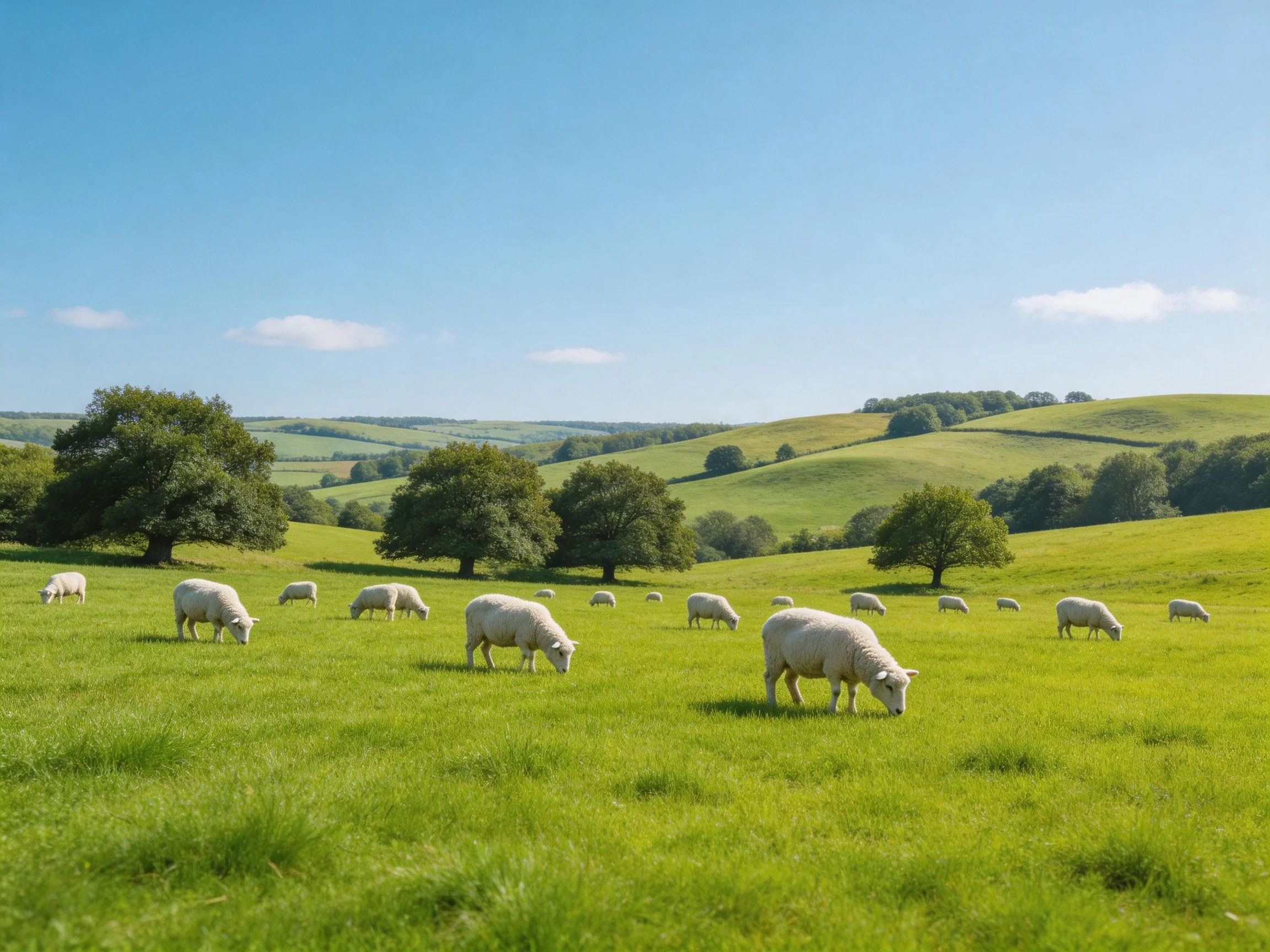 Multiple sheep graze in a lush green countryside