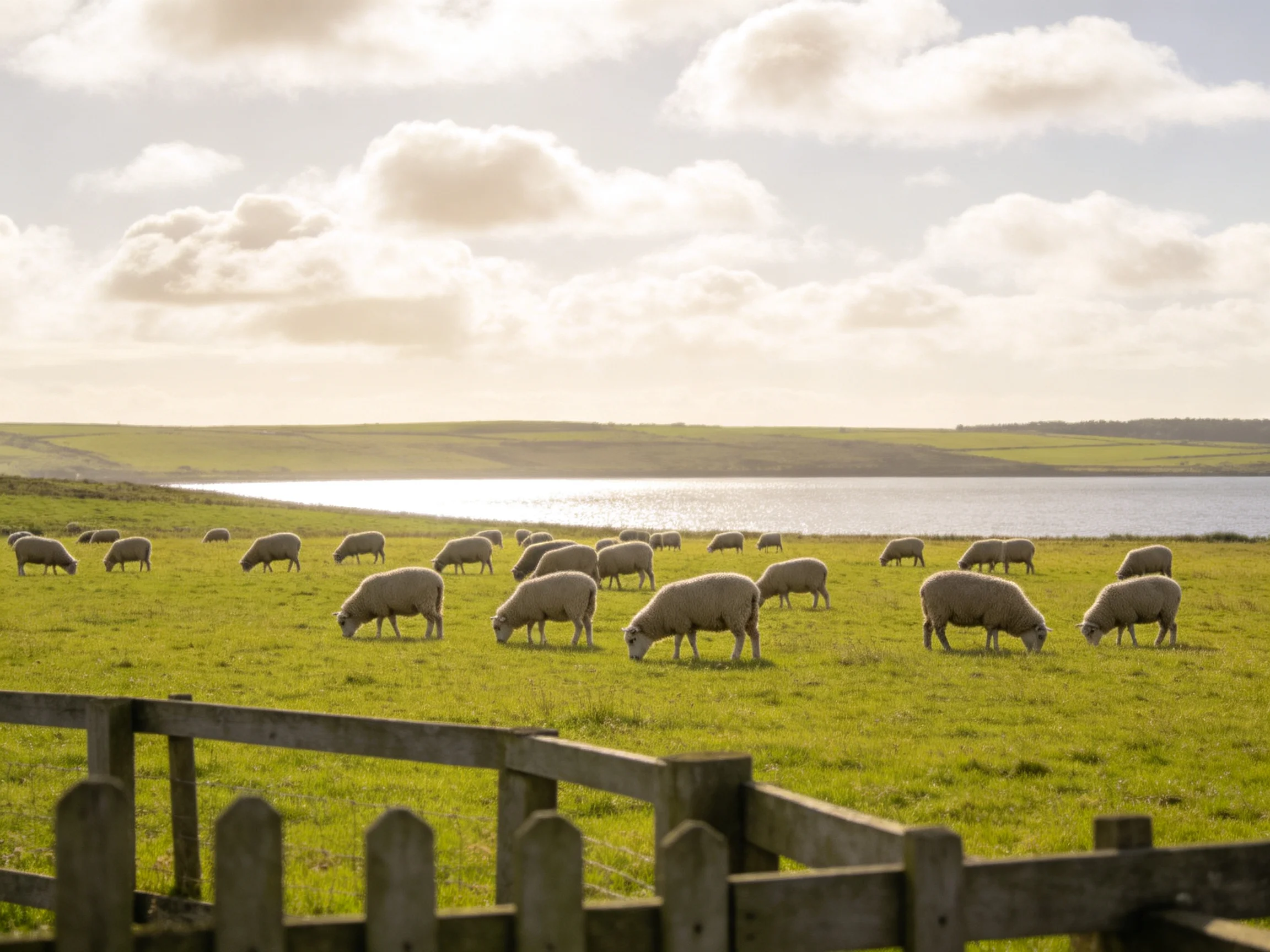 Multiple sheep graze in a lush green field by a tranquil lake