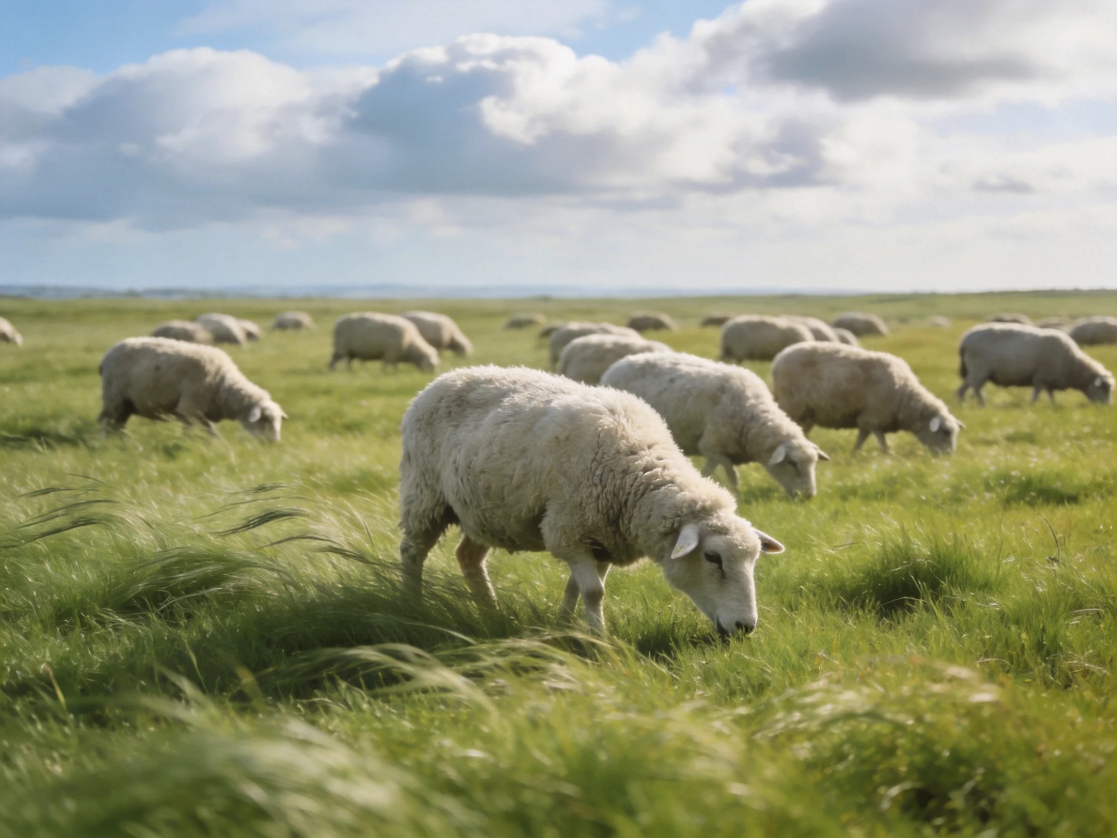 Multiple sheep graze in a lush green meadow under cloudy sky