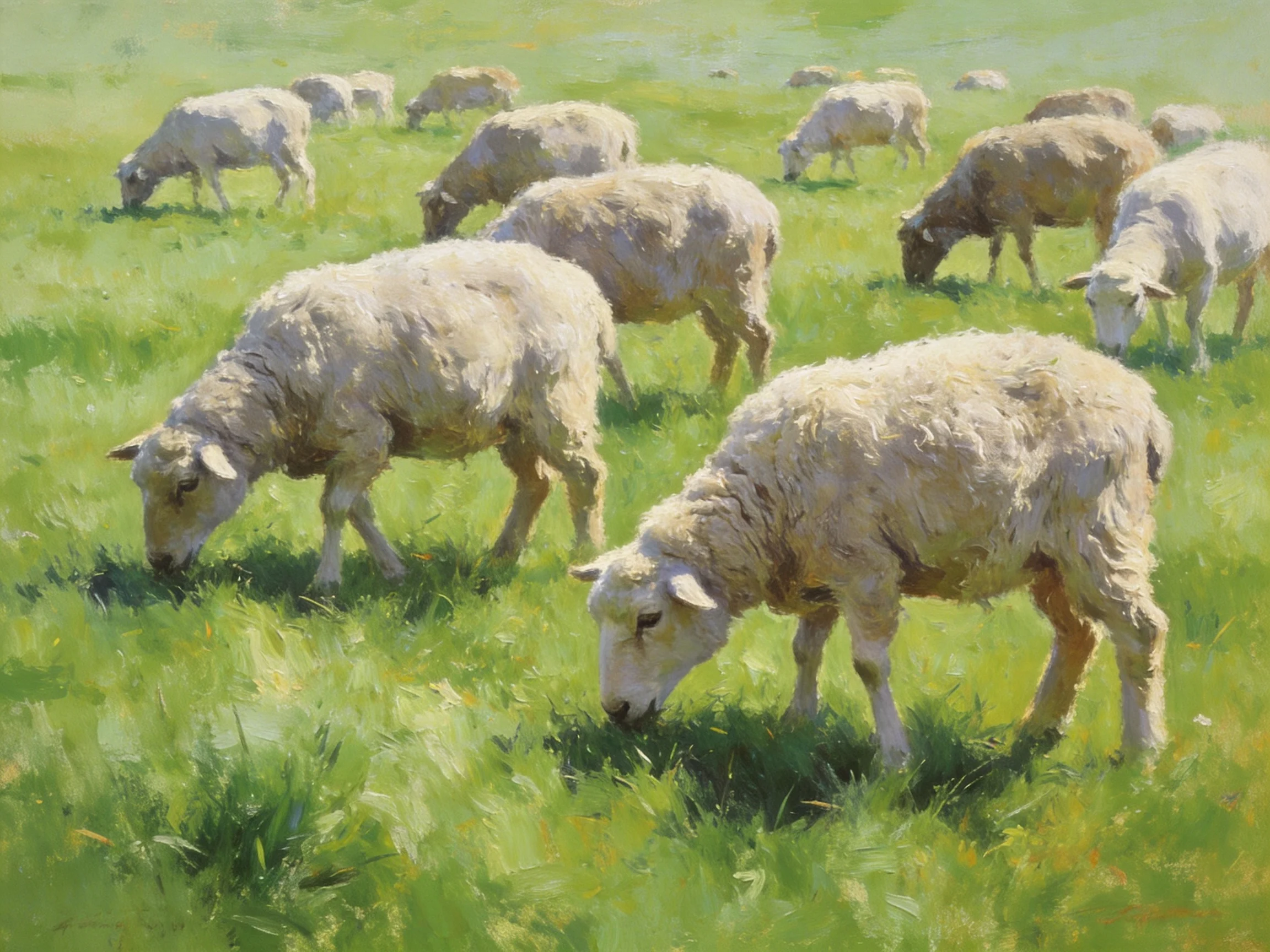 Multiple sheep graze in a lush green pastoral landscape