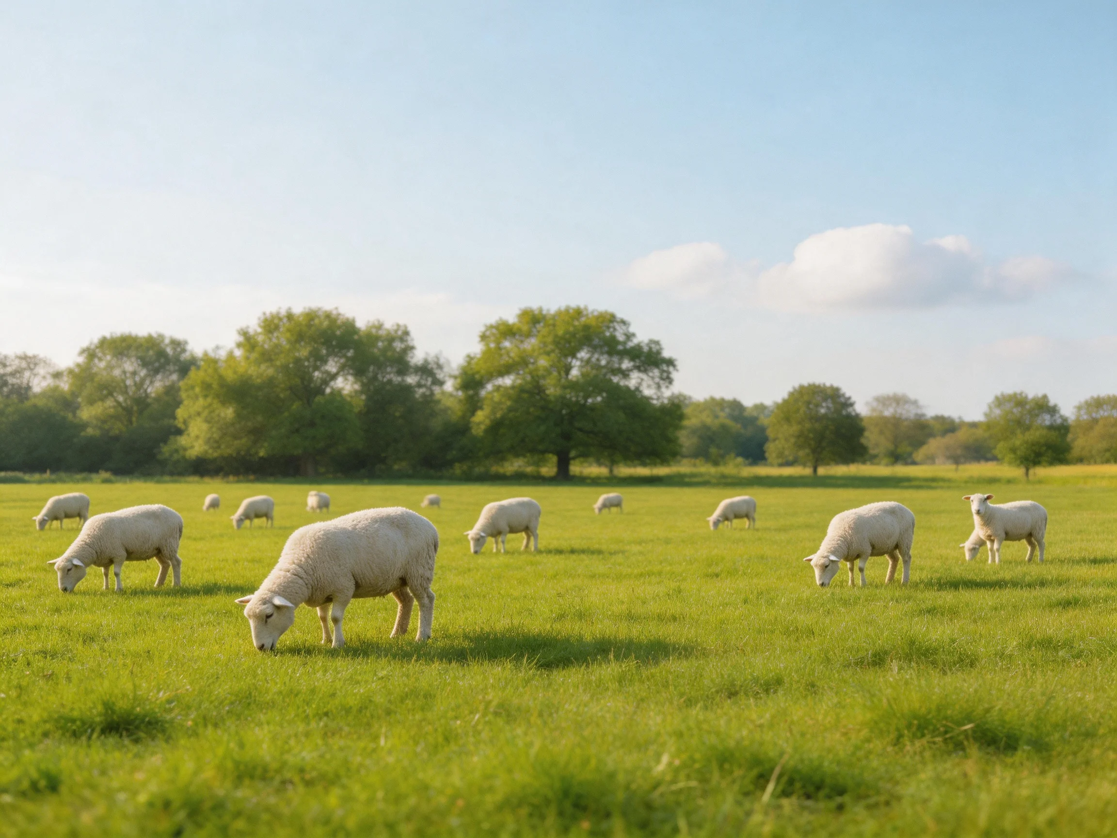 Multiple sheep graze in a lush green pasture with distant trees