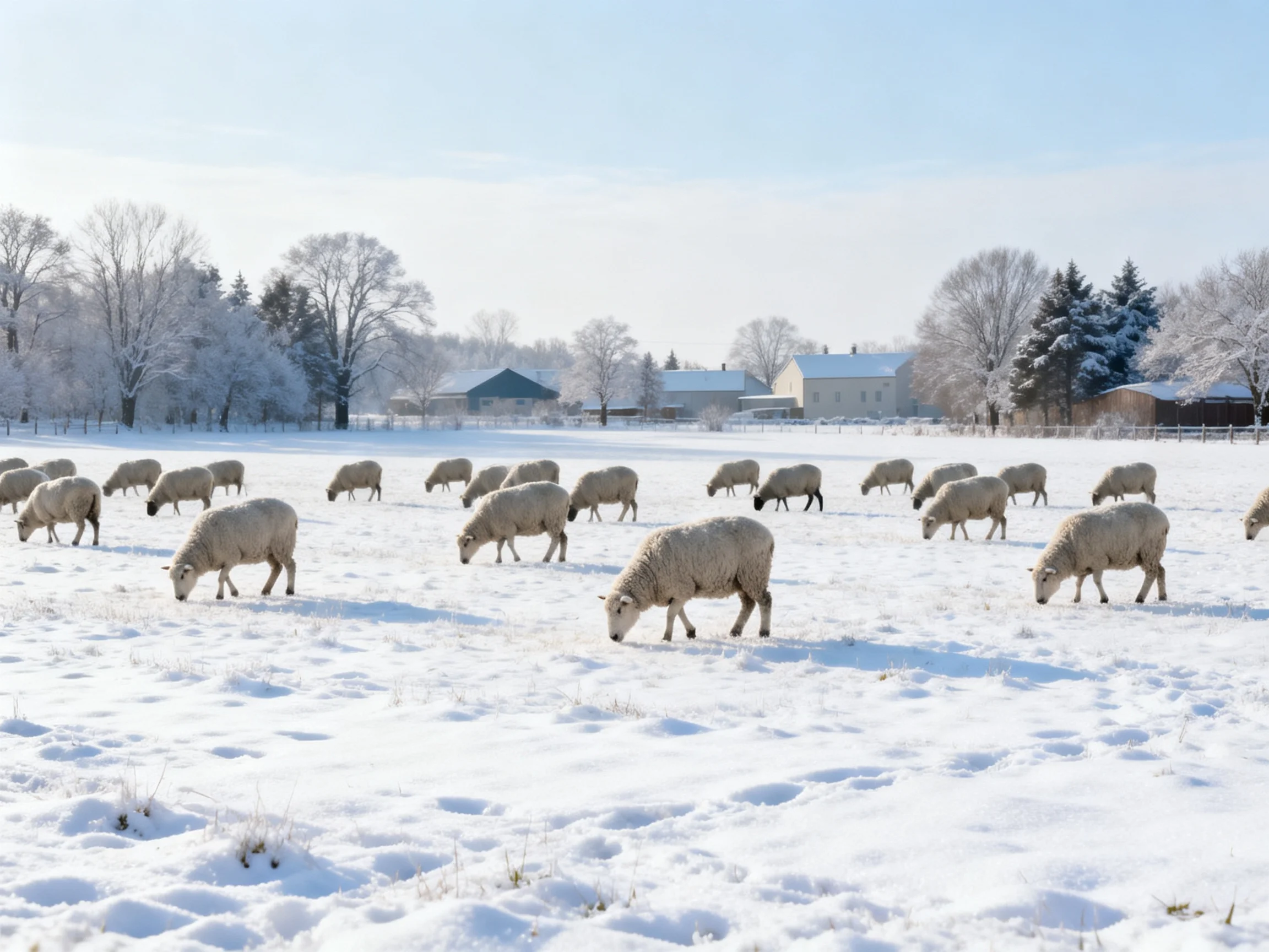 Multiple sheep graze in a snow-covered field near farmhouses
