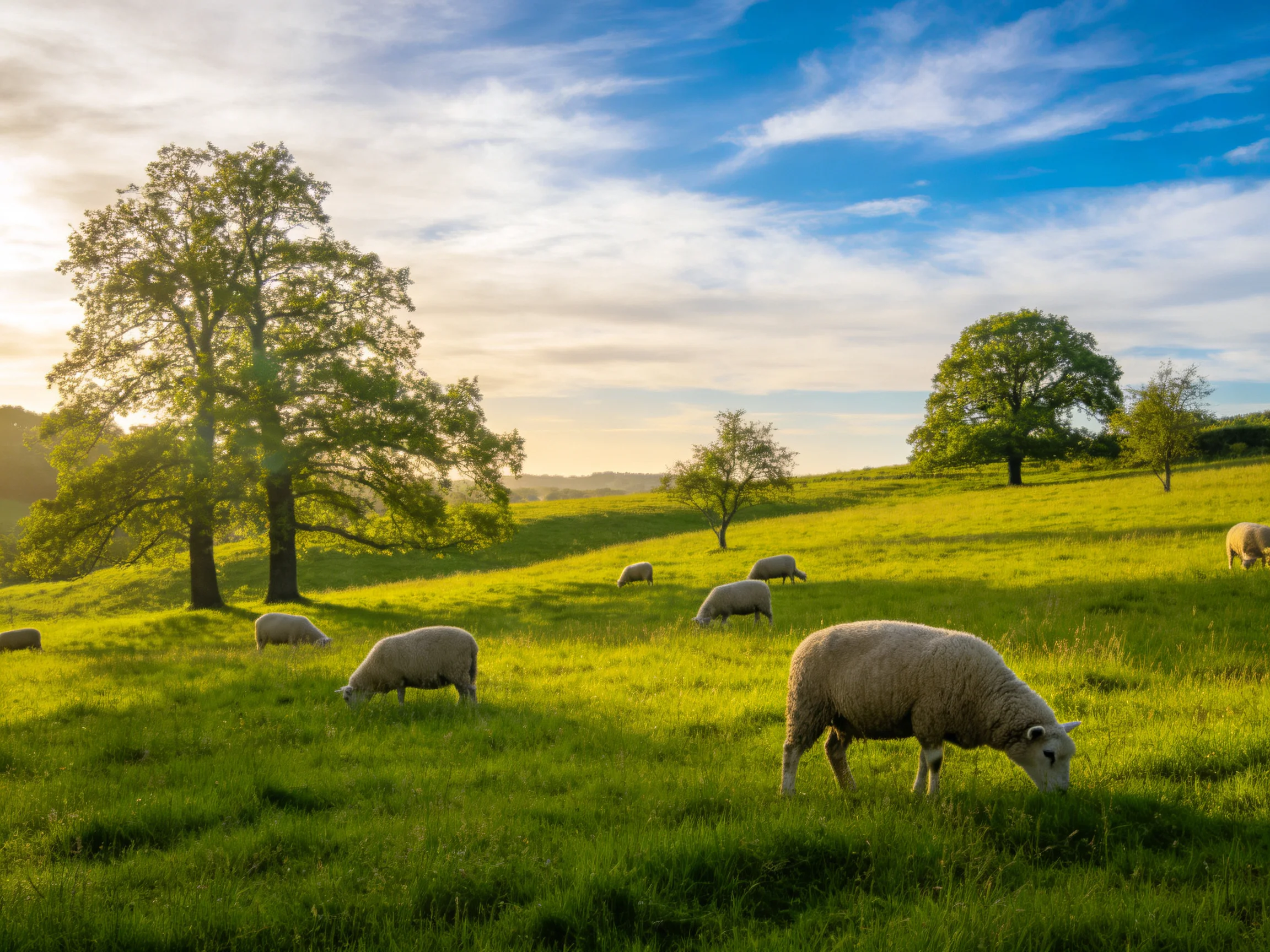 Multiple sheep graze in a sun-drenched green pasture with tall trees