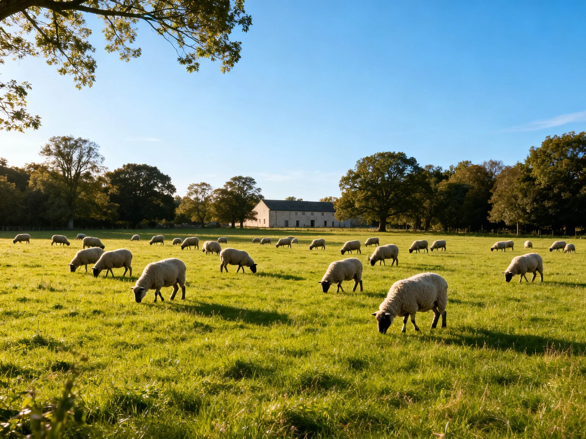 Multiple sheep graze in a sunlit green pasture near a farm building