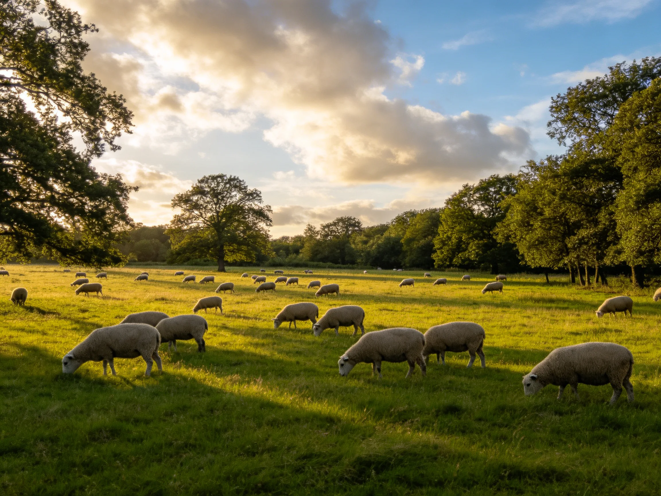Multiple sheep graze in a sunlit green pasture surrounded by trees