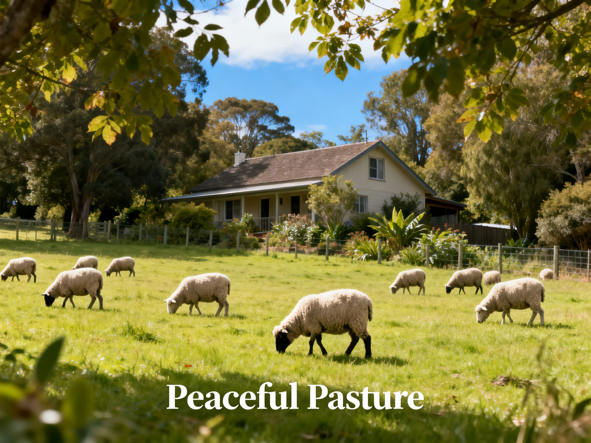 Multiple sheep graze in a sunlit pasture near a cozy farmhouse