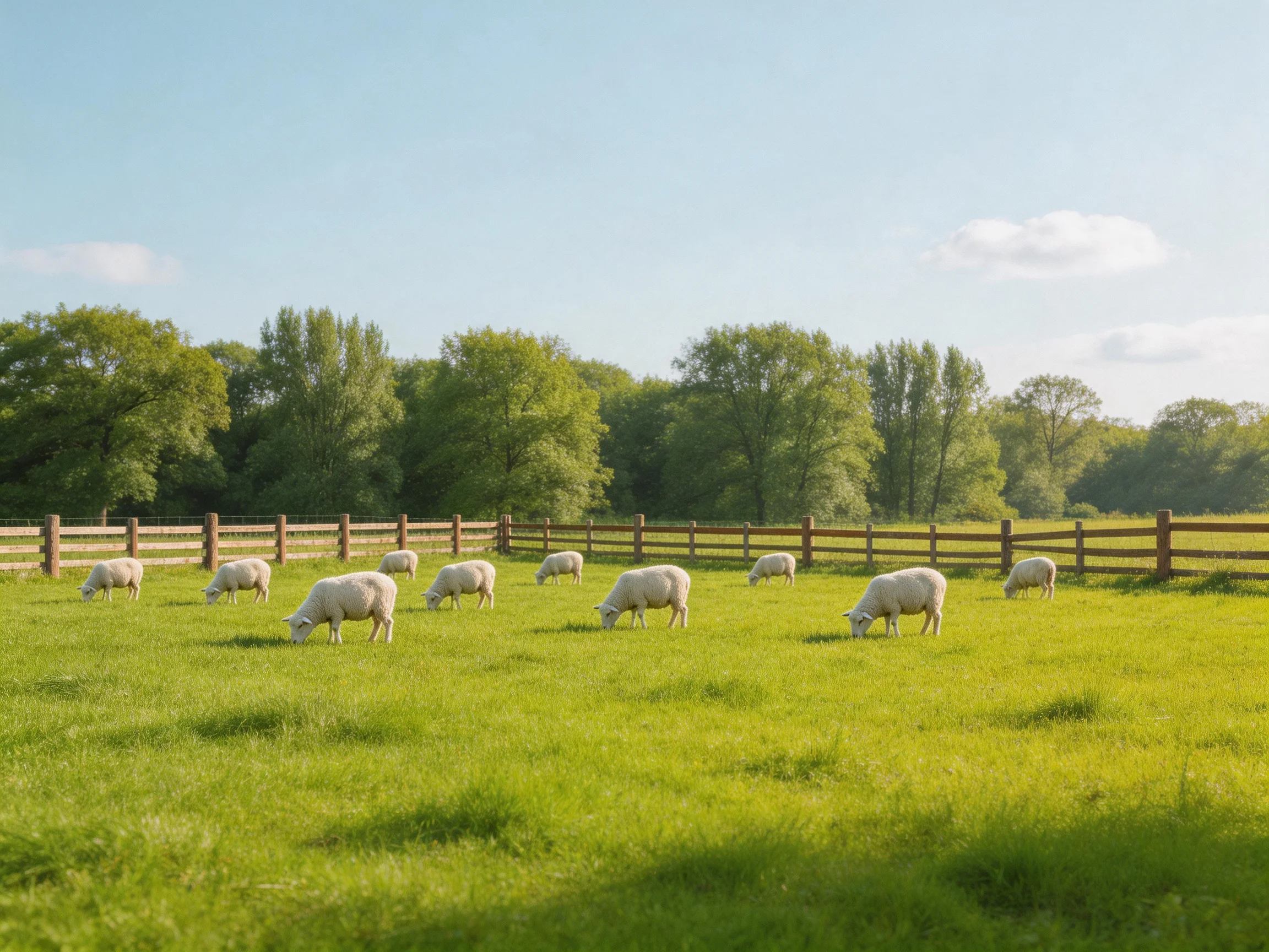 Multiple sheep graze in a vibrant green pasture with wooden fencing