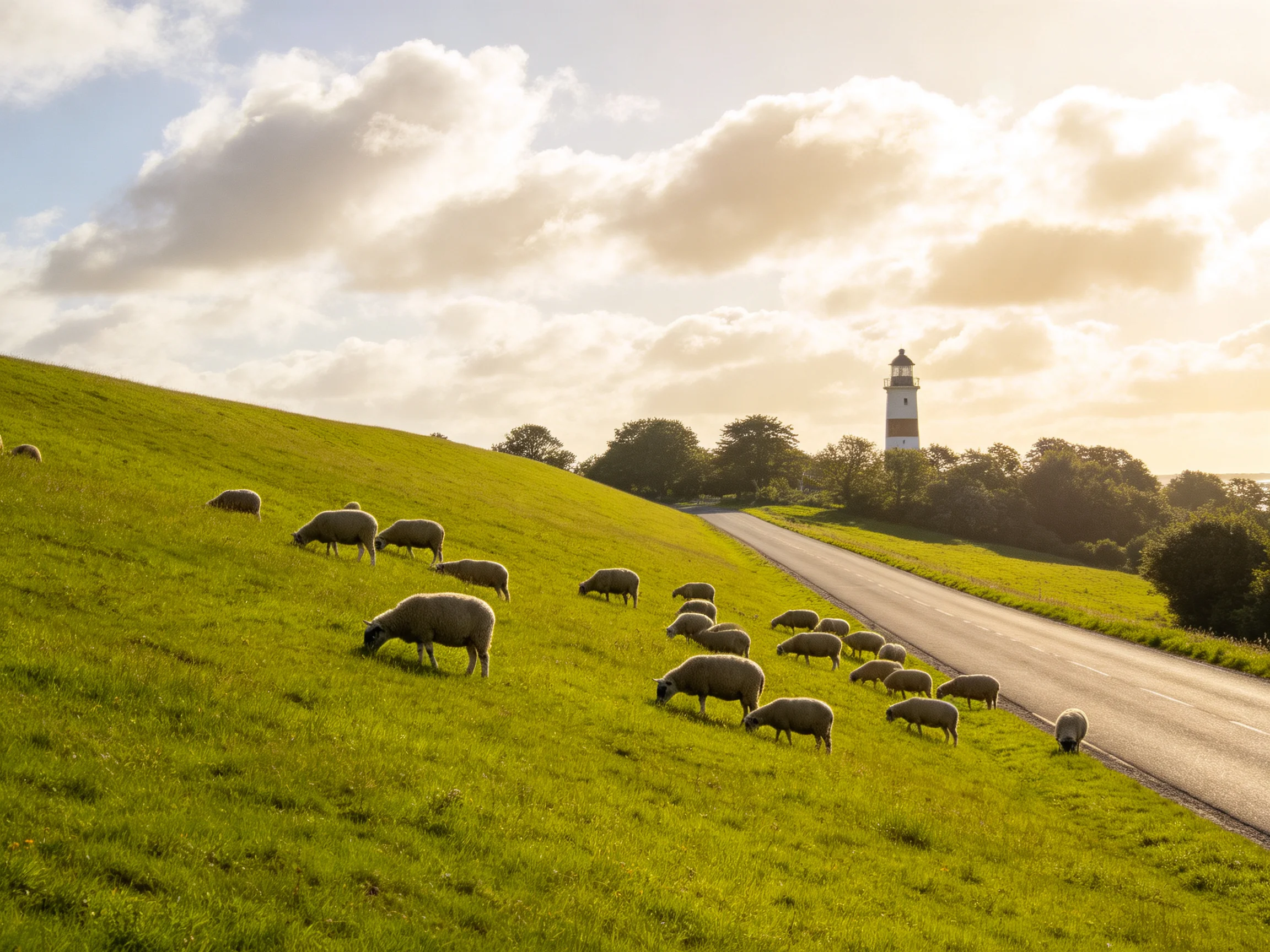 Multiple sheep graze on a verdant hillside beside a coastal road
