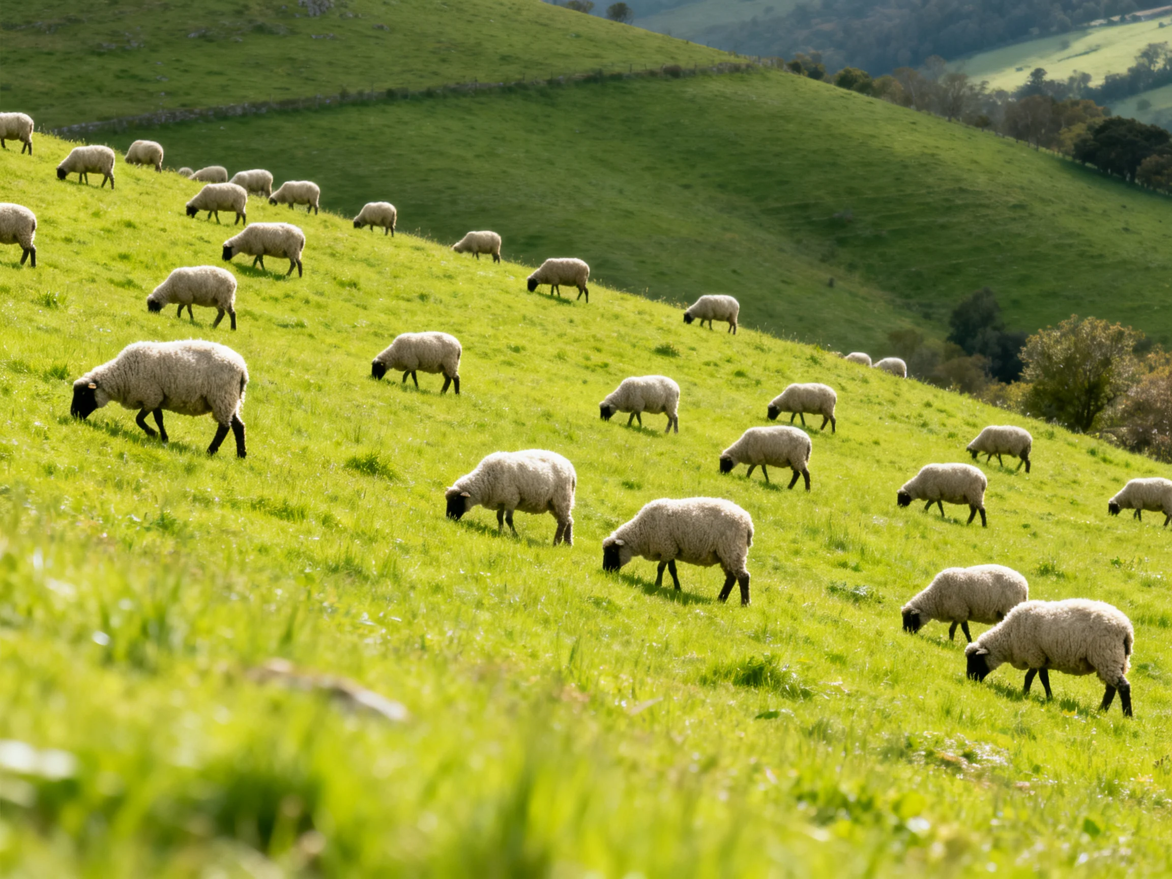 Multiple sheep graze on a verdant rolling hillside