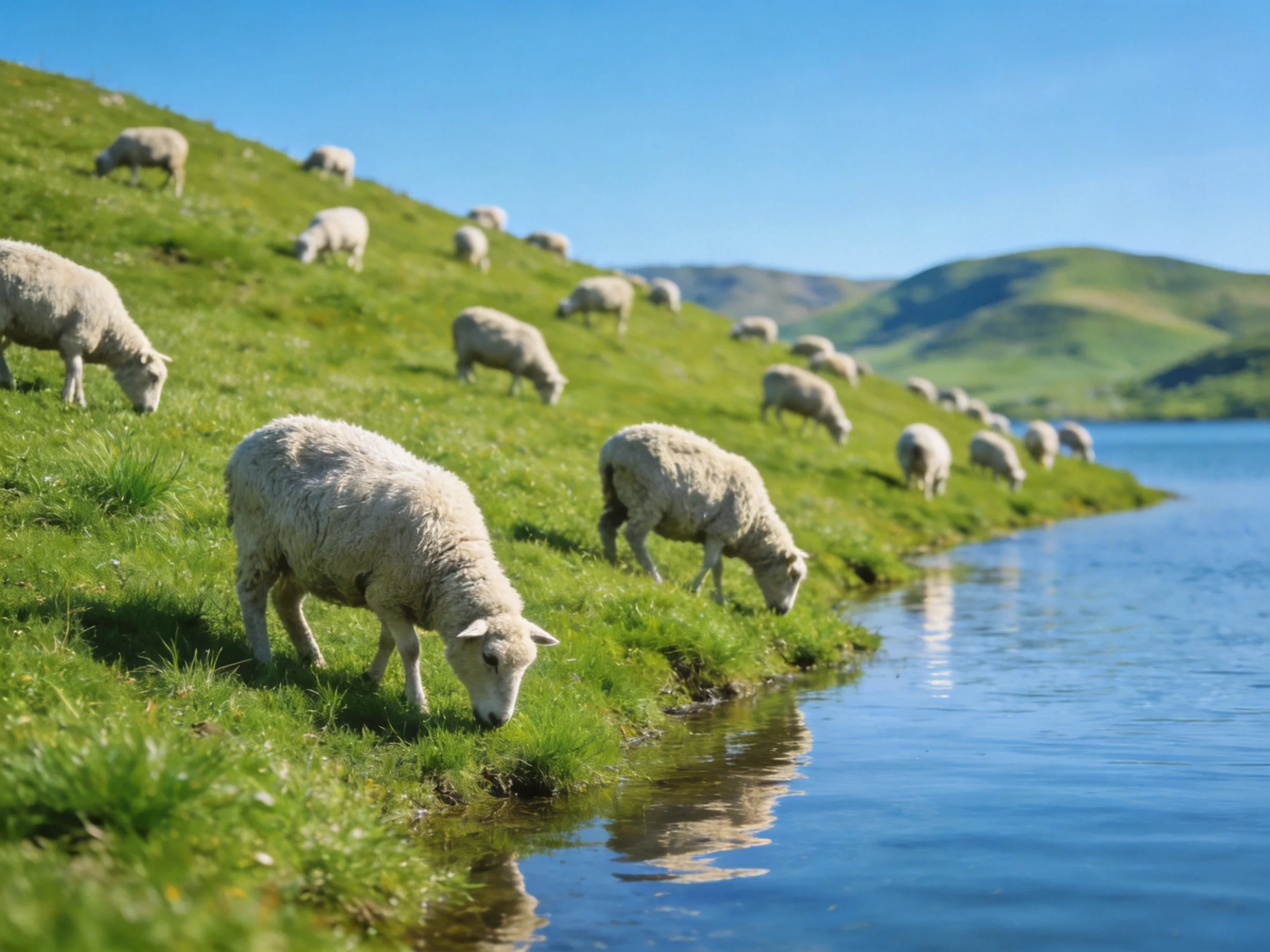 Sheep graze peacefully on a green hillside near a body of water