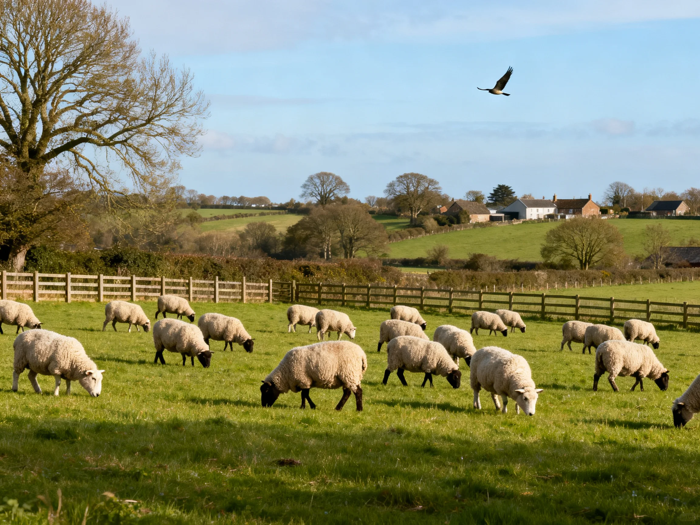 Multiple sheep graze peacefully in a green pasture with farm structures nearby