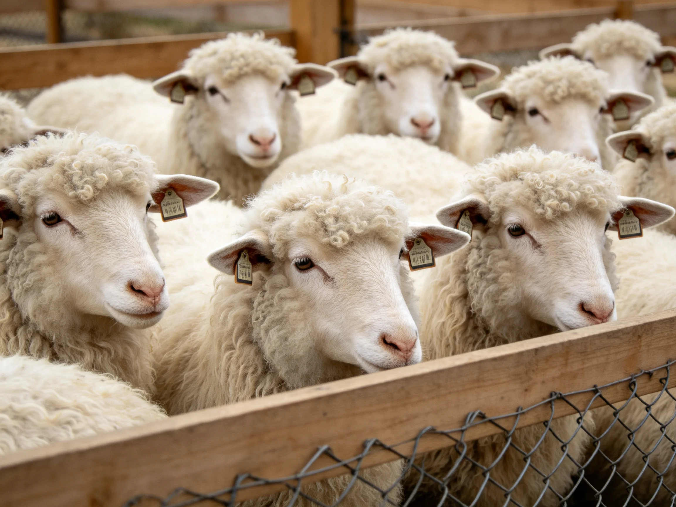 Multiple sheep with thick white wool in wooden enclosure