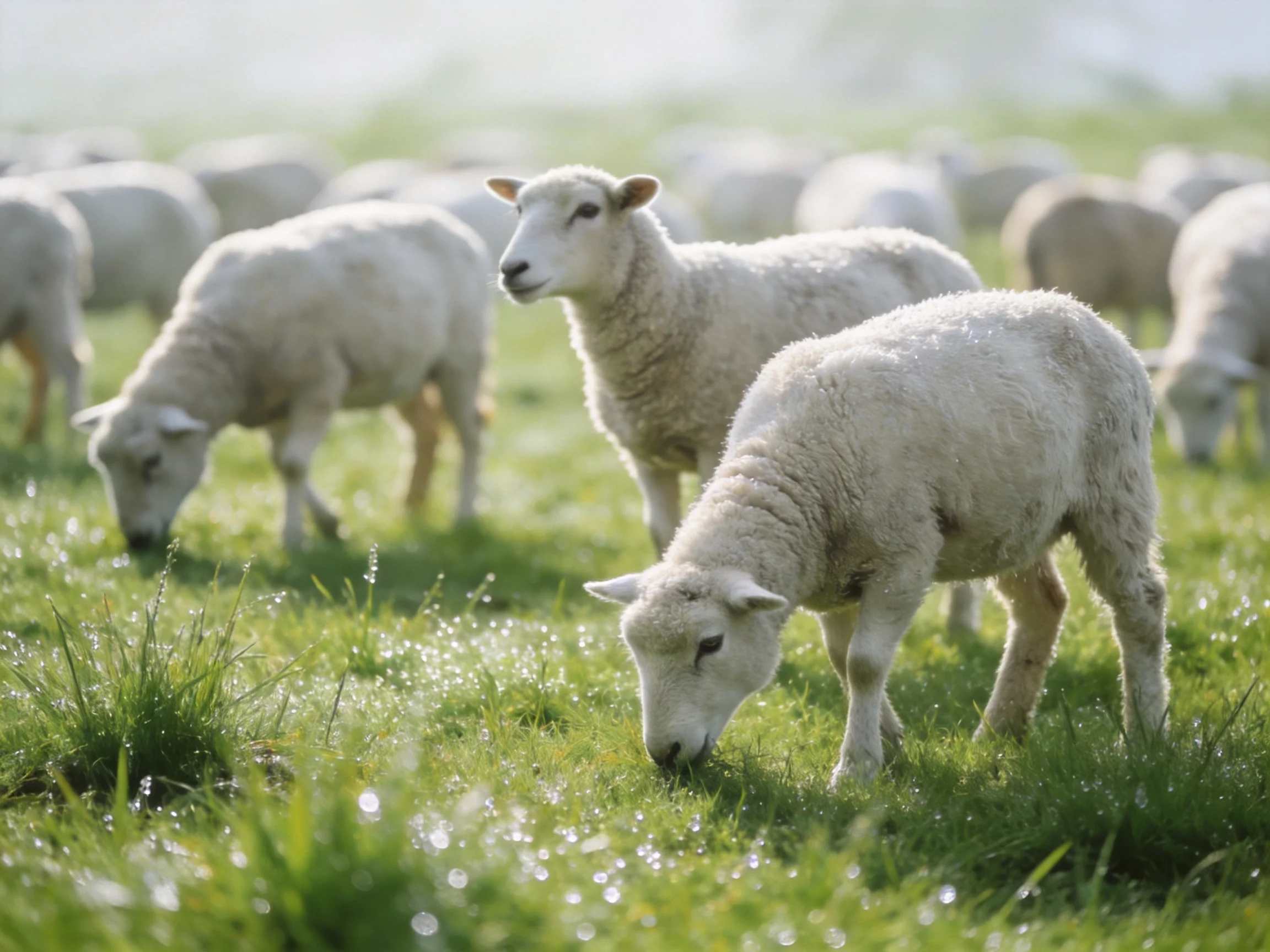 Multiple white lambs graze in a lush green meadow