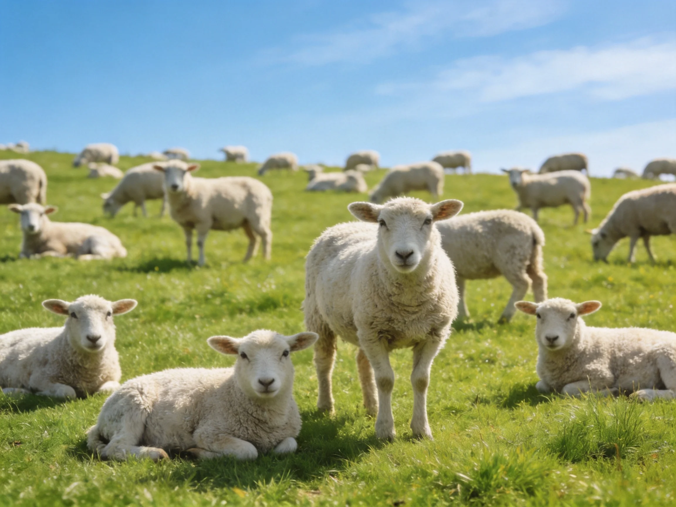 Sheep rest and graze on a green hillside with clear blue sky