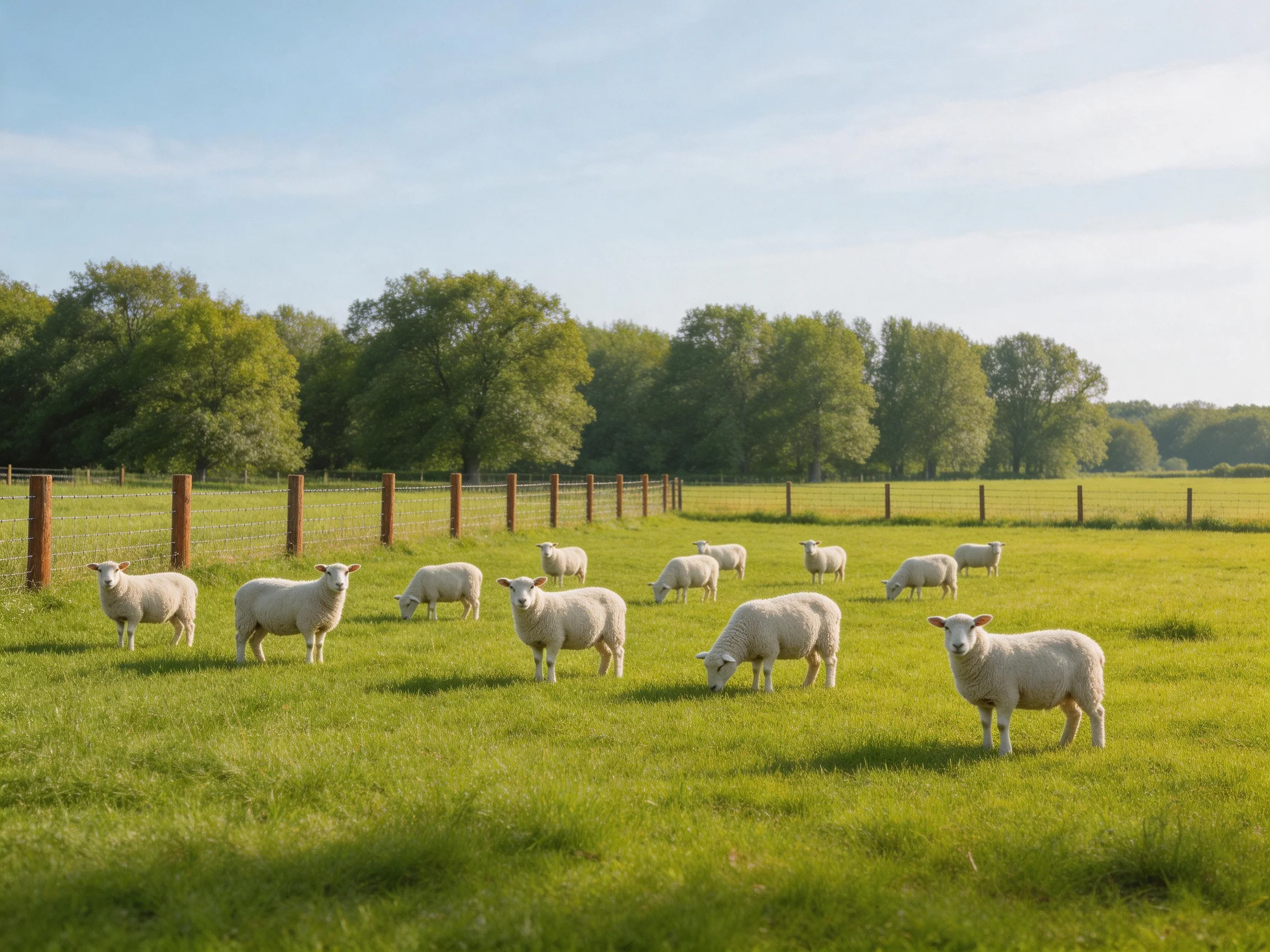 Multiple white sheep graze in a lush green pasture with wooden fencing