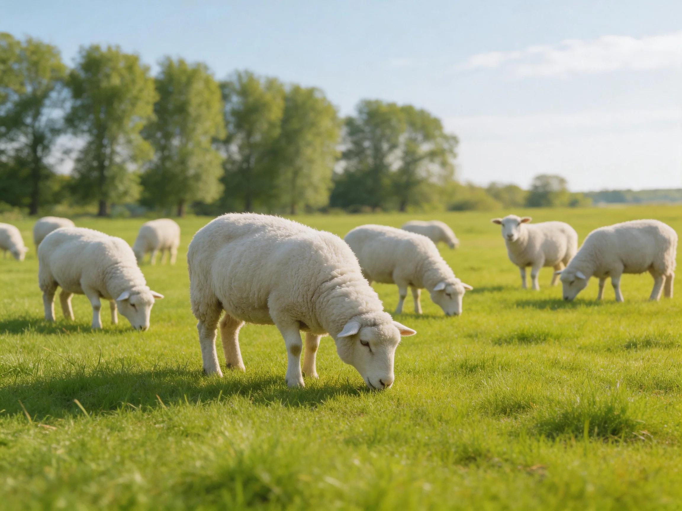 Multiple white sheep graze in a vibrant green pasture with distant trees
