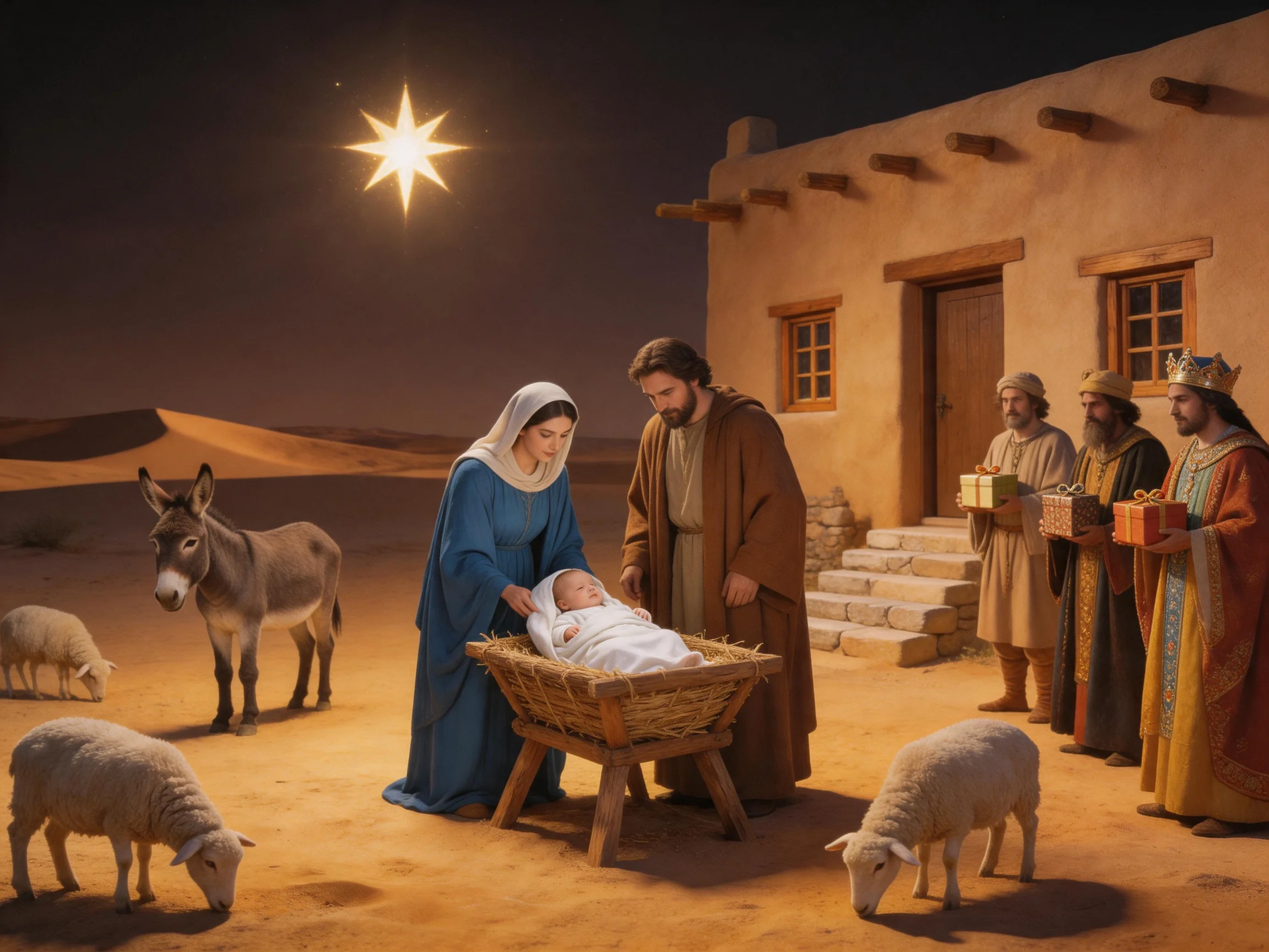 Nativity Scene Under Star with Manger and Wise Men