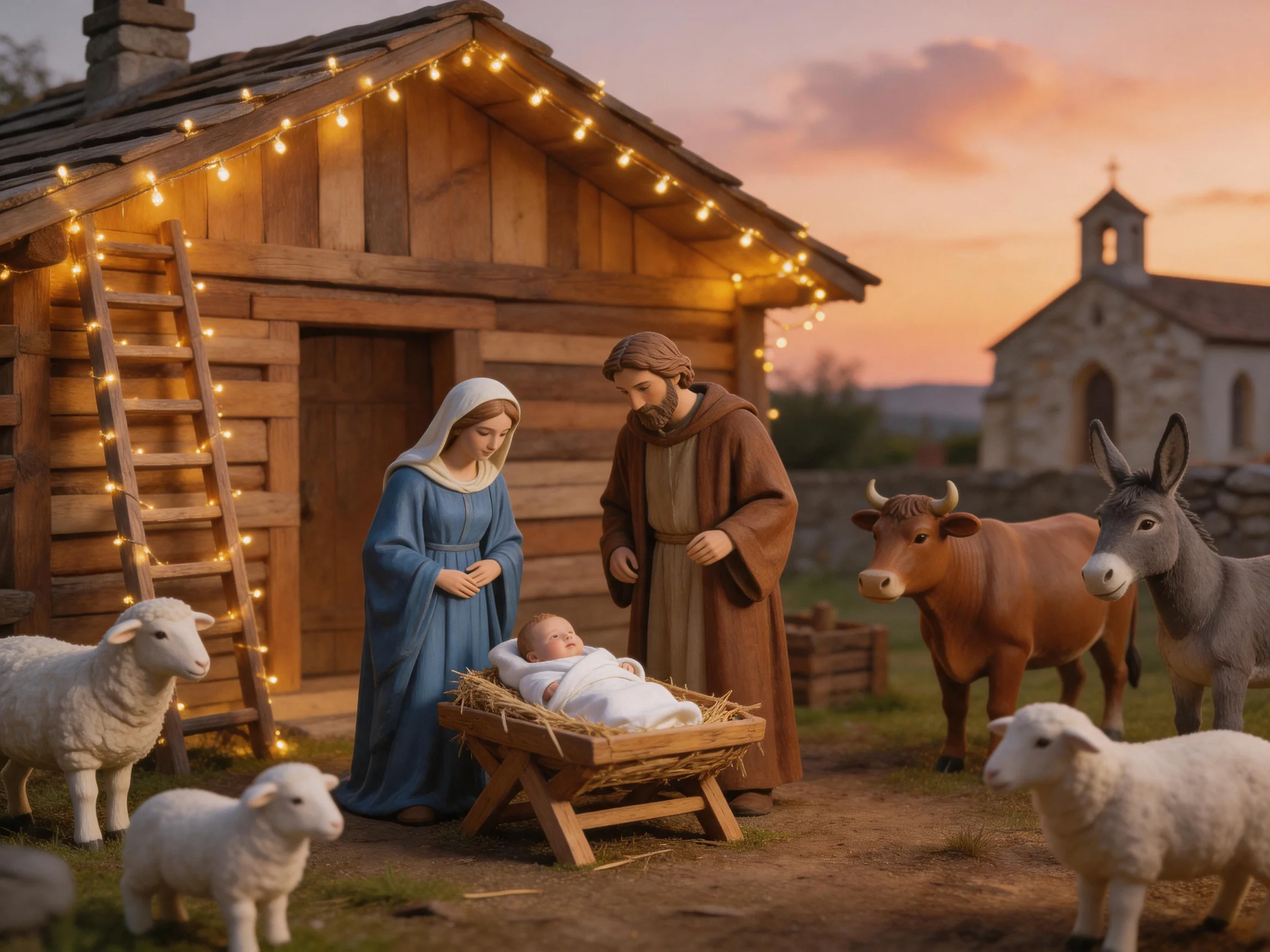 Nativity scene with figurines, animals, and wooden stable at dusk