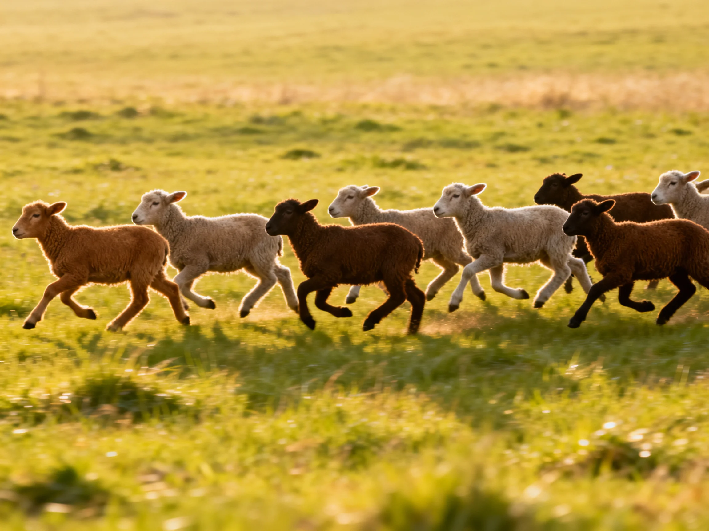 Nine lambs of varied colors race through sunlit fields