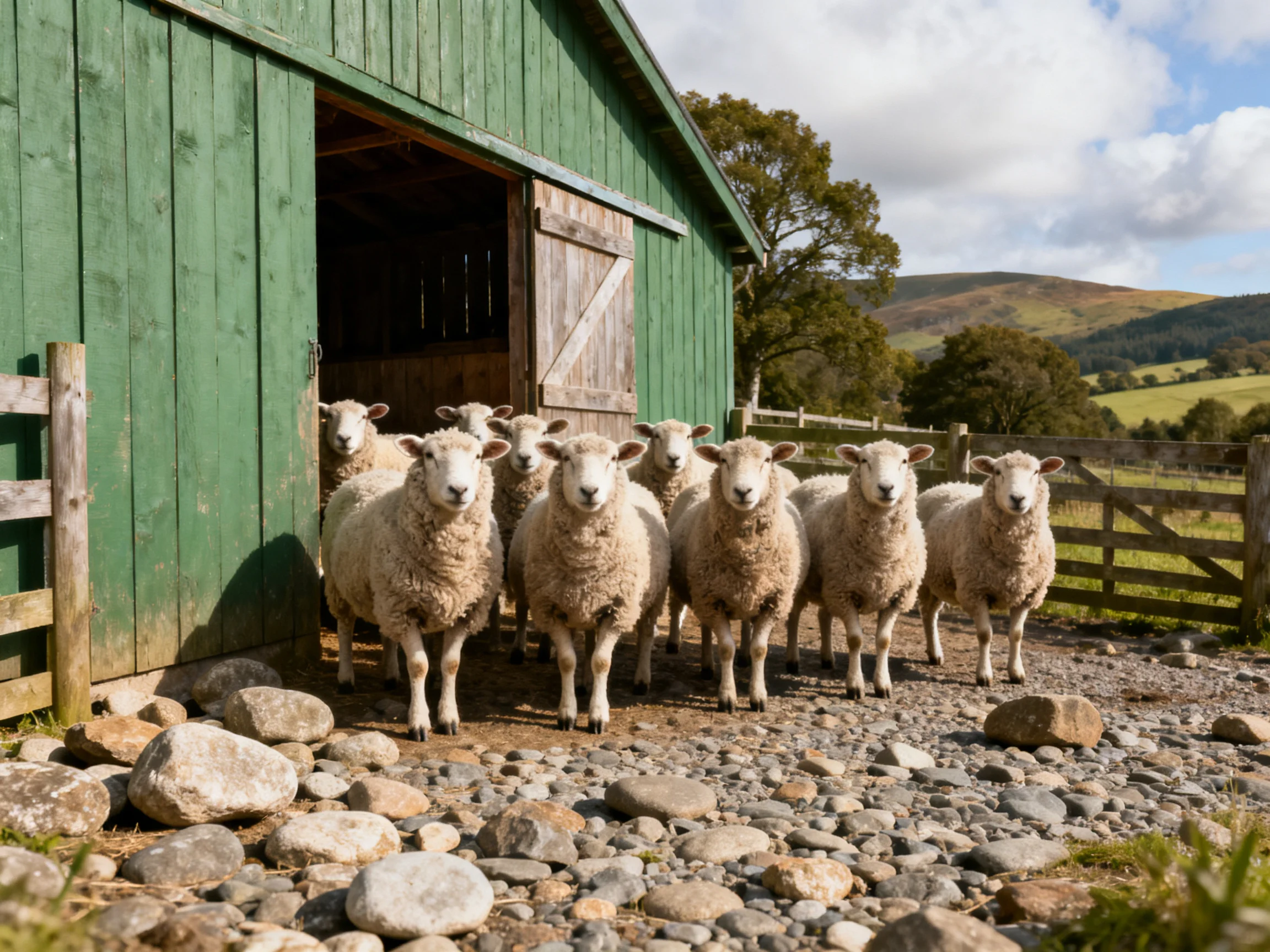 Nine sheep gather at green barn entrance