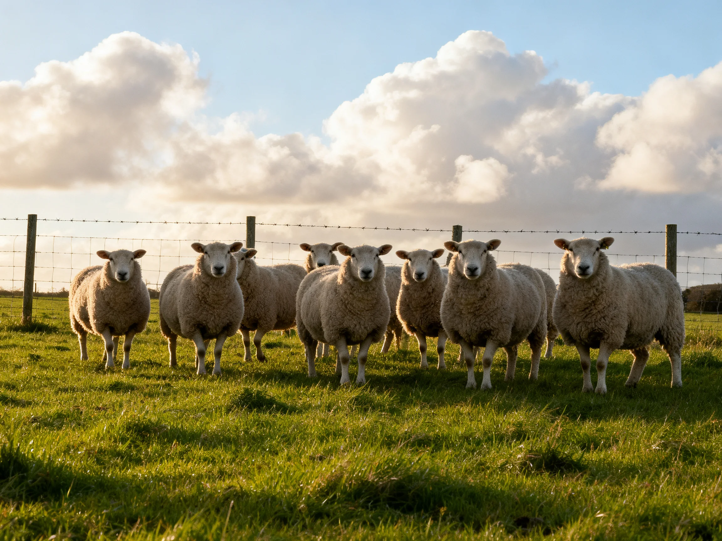 Nine sheep gather in a sunlit pasture near a barbed wire fence
