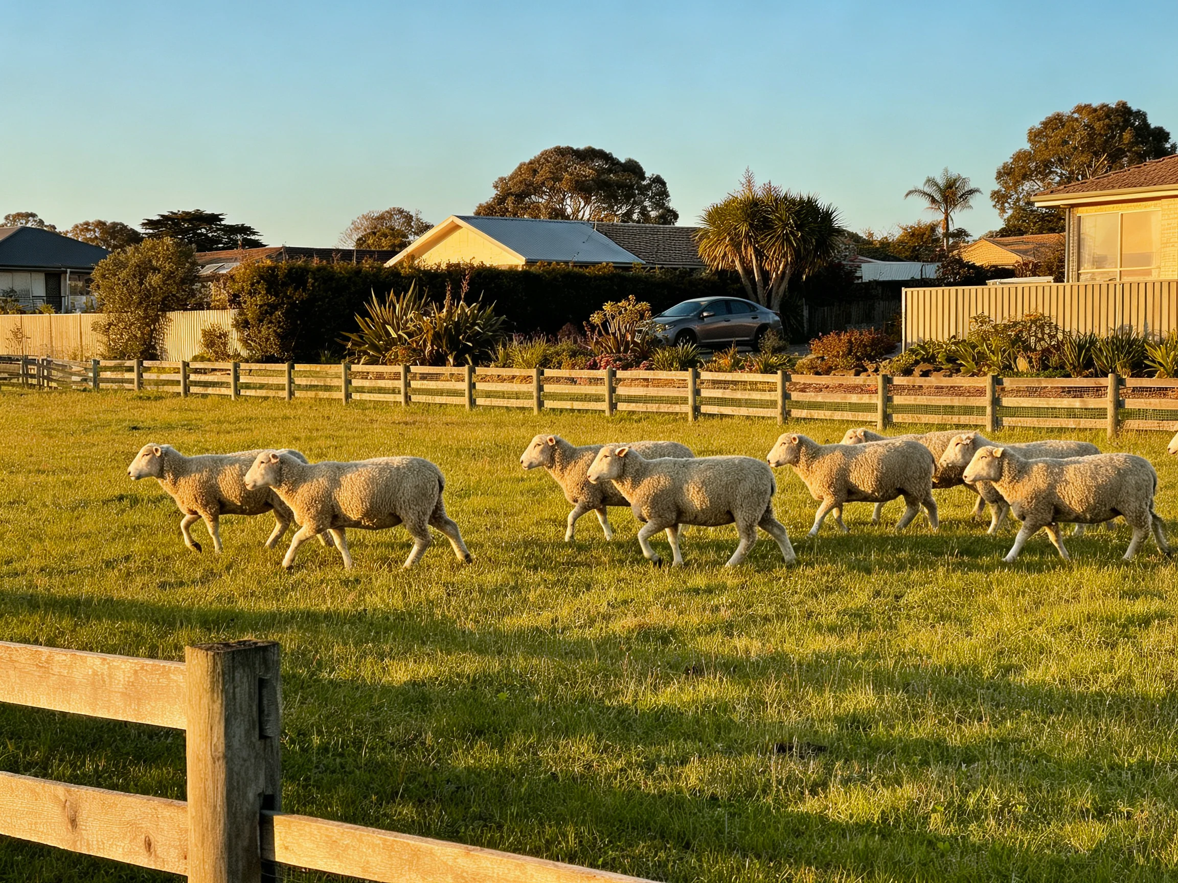 Nine sheep graze in a sunny suburban pasture with wooden fences and homes