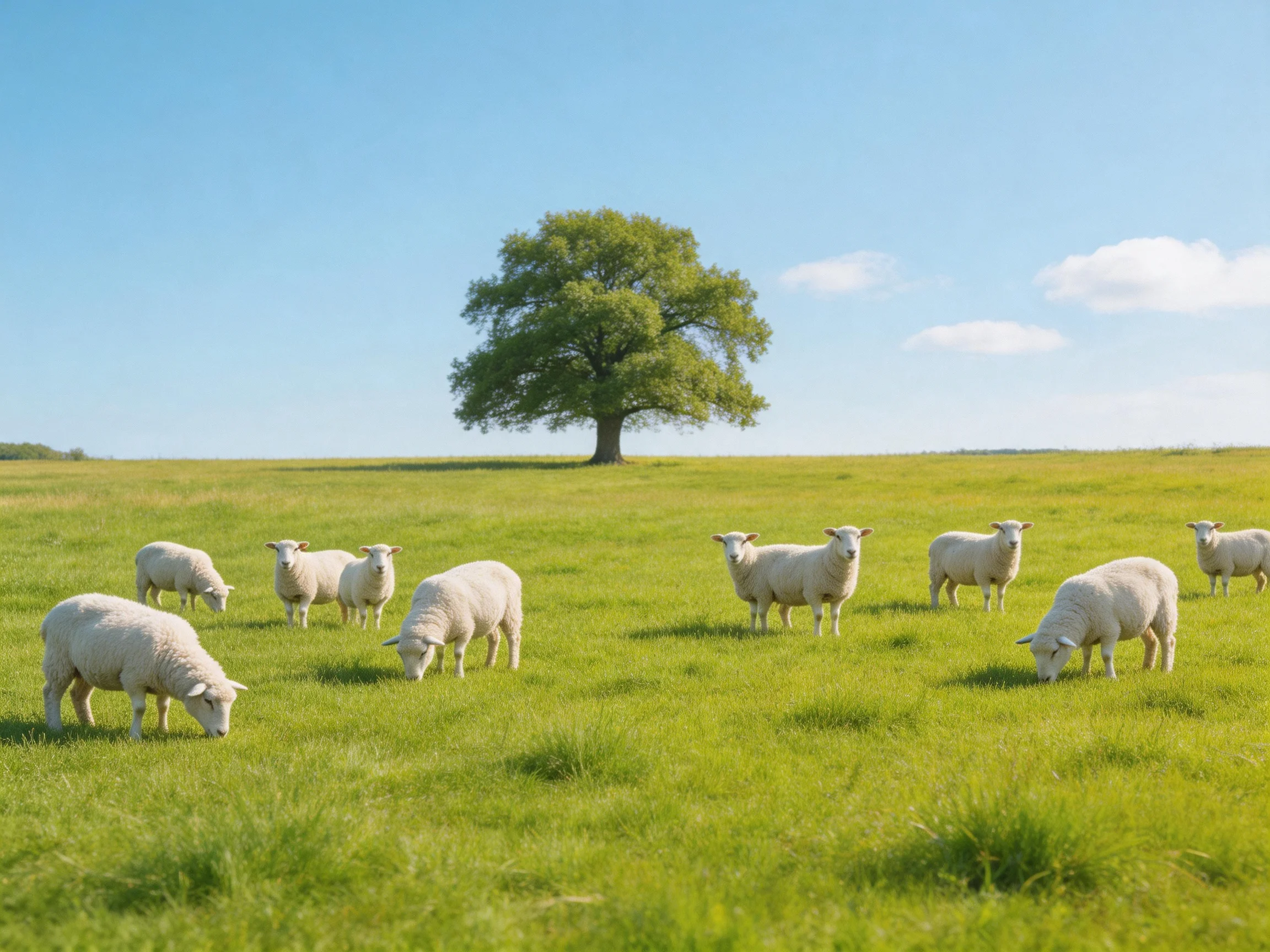 Nine sheep graze in a verdant meadow with a solitary tree