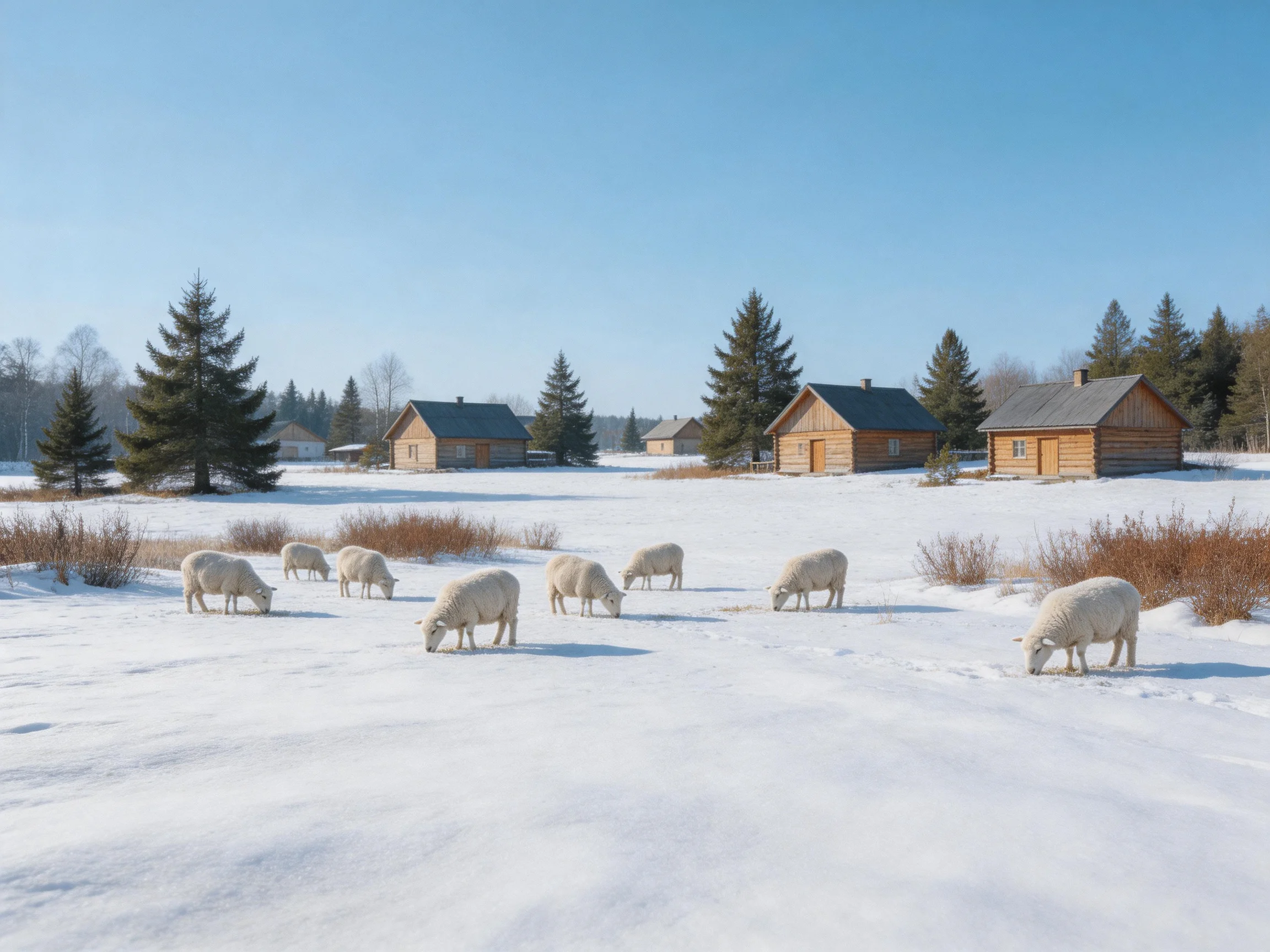 Nine sheep graze near wooden cabins on a snowy field