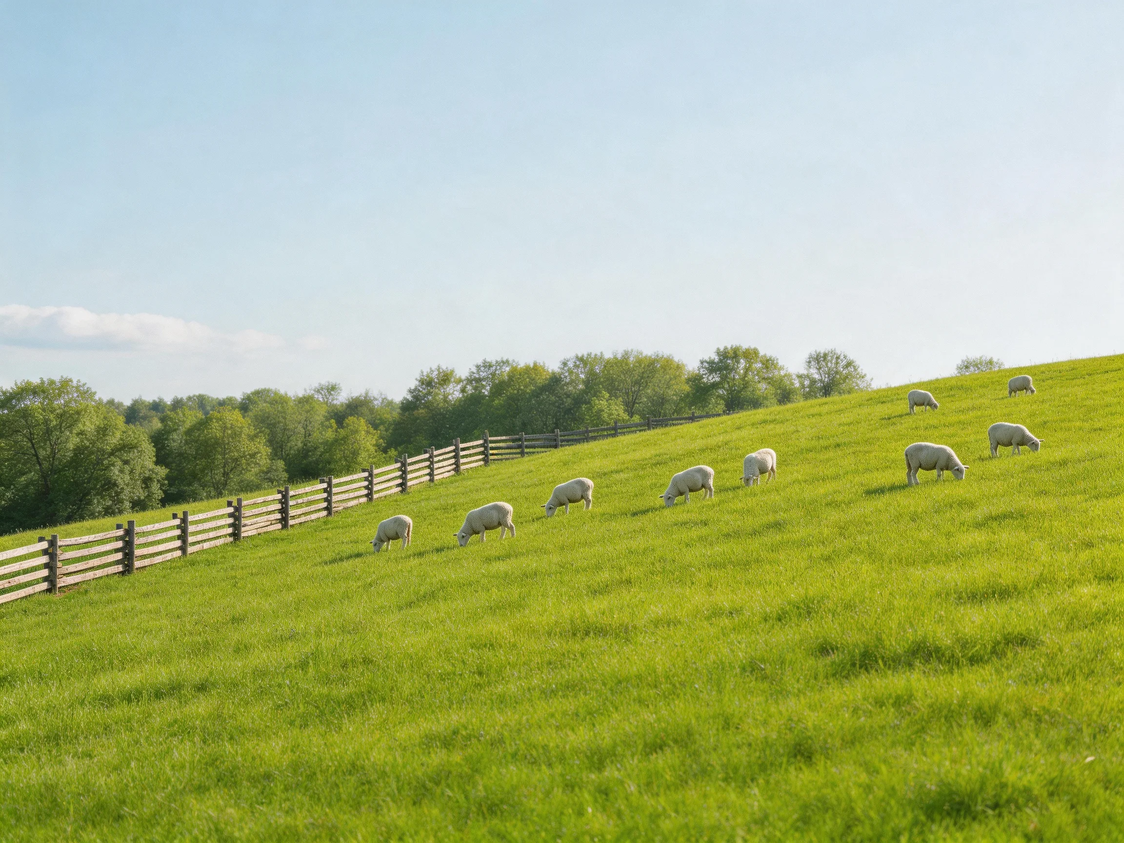Nine sheep graze on a lush green hillside beside a wooden fence