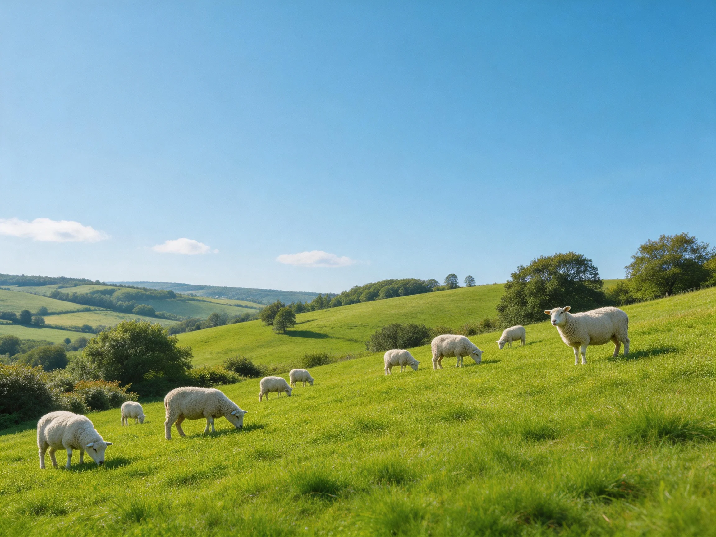 Nine sheep graze on a lush green hillside under clear blue skies