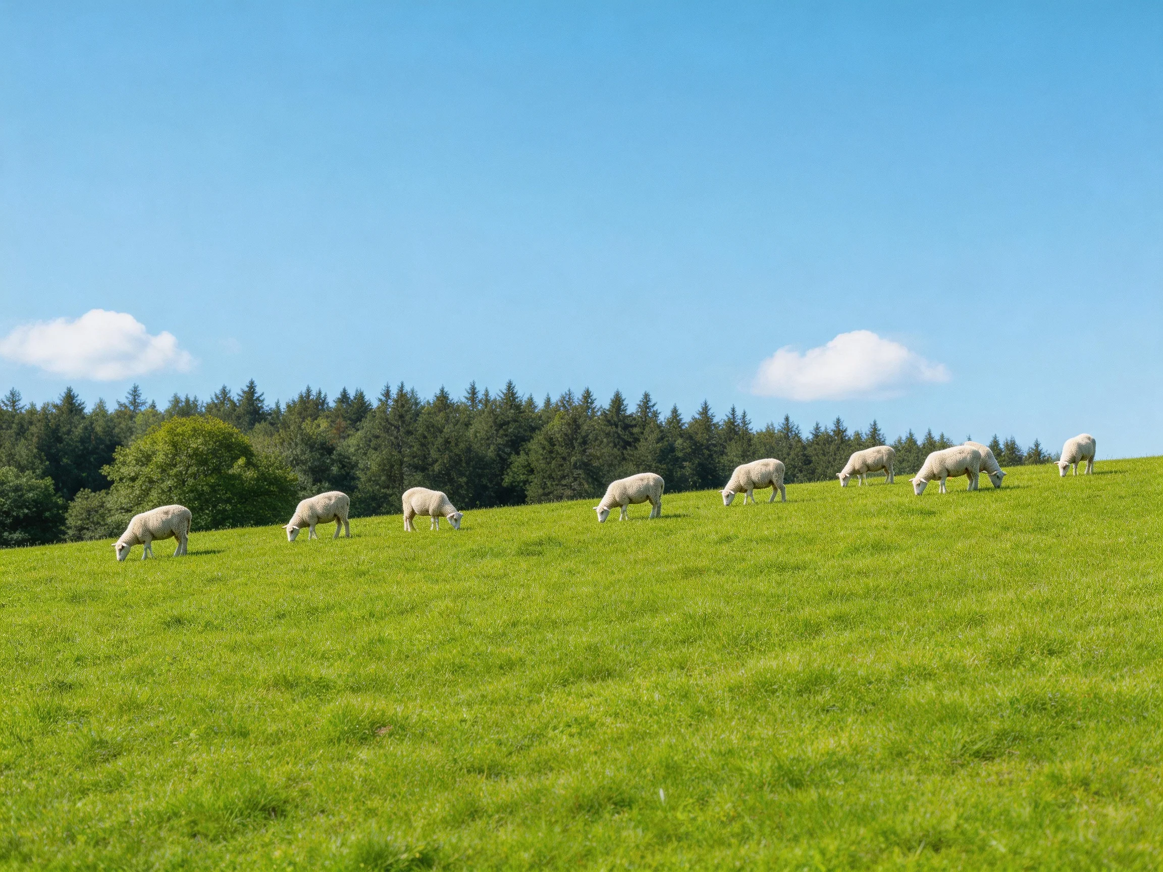Nine sheep graze on a lush green hillside with forest backdrop
