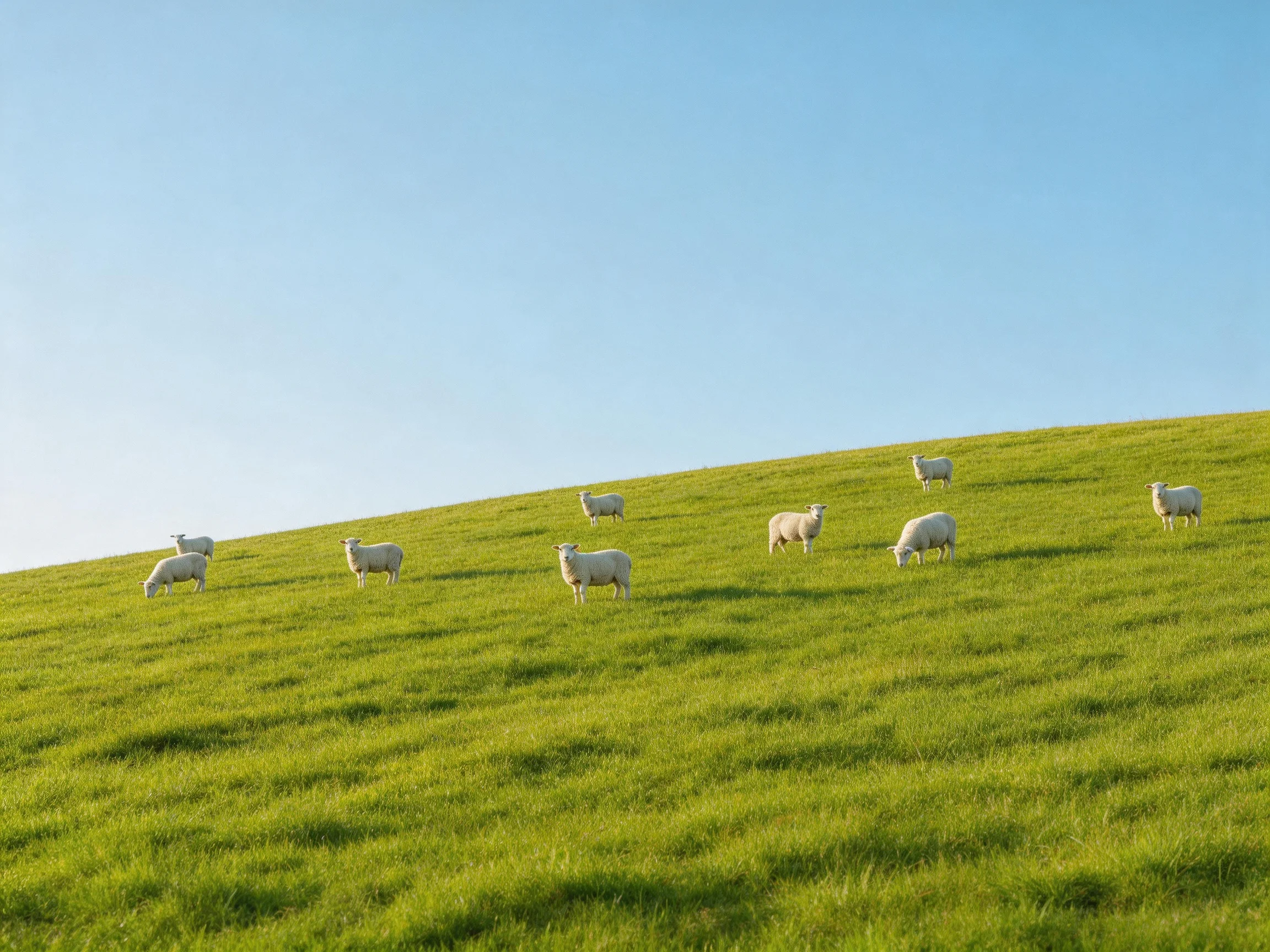 Nine sheep graze on a vibrant green hill beneath a clear blue sky