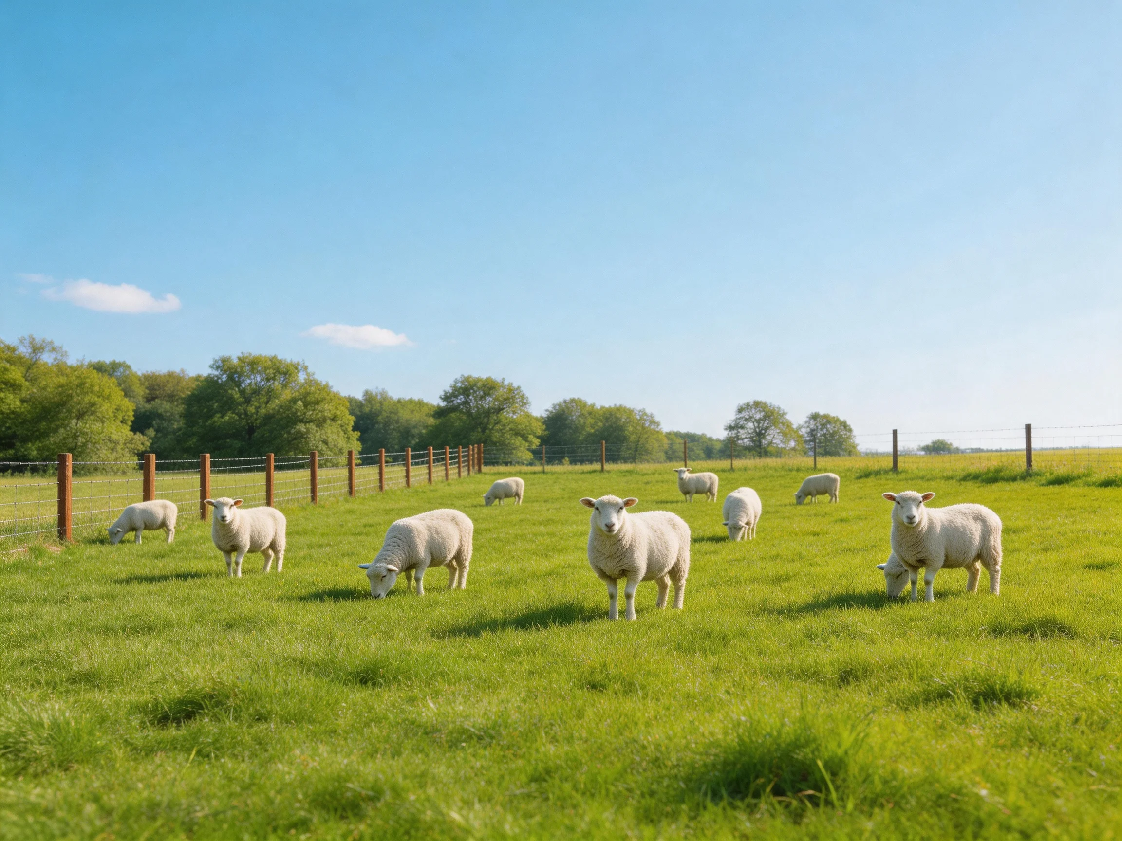 Nine sheep grazing in a lush green pasture under bright blue skies