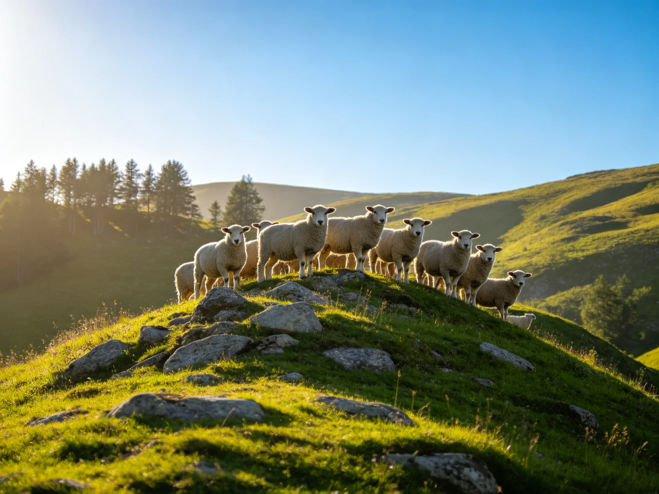 Nine sheep stand on a rocky hilltop with green hills