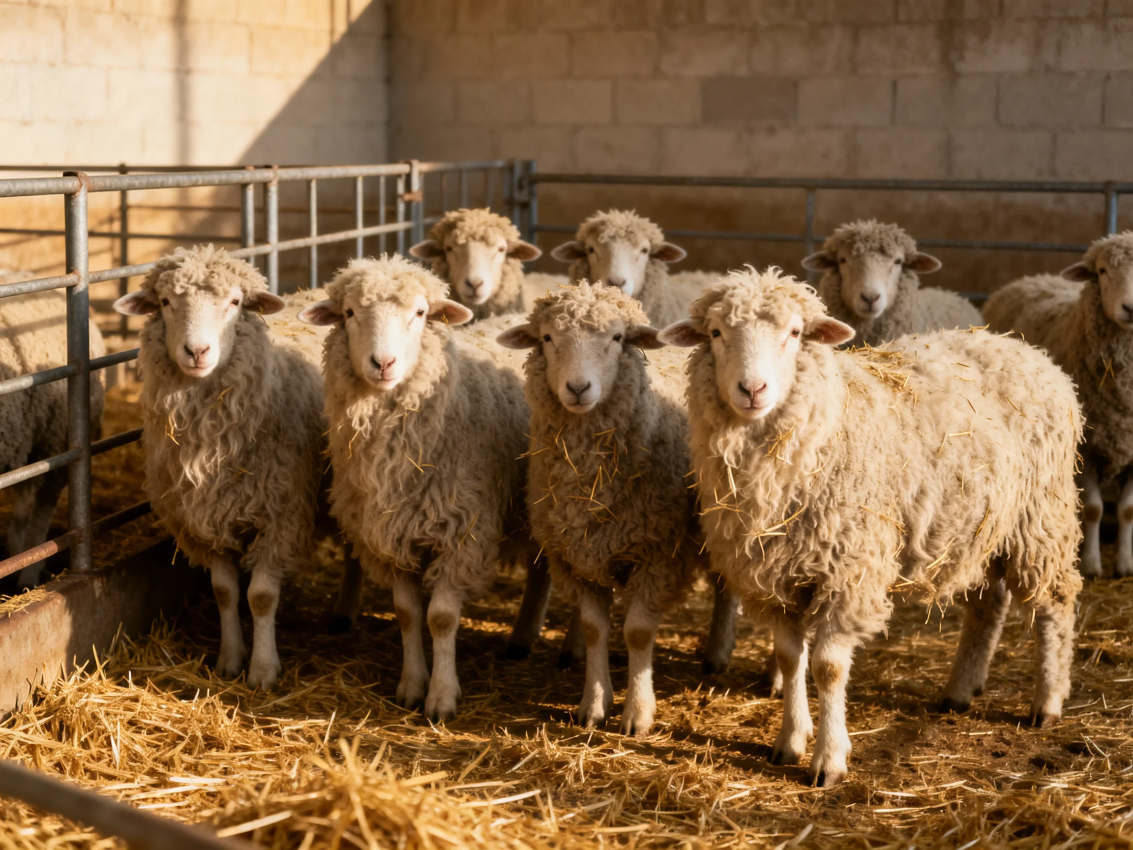 Nine sheep with thick wool gather in a straw-filled pen
