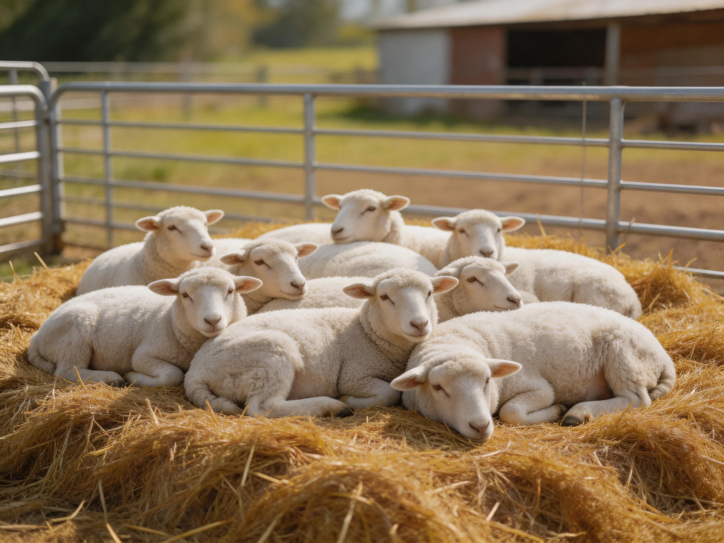 Nine white lambs rest on golden hay near a metal farm fence.