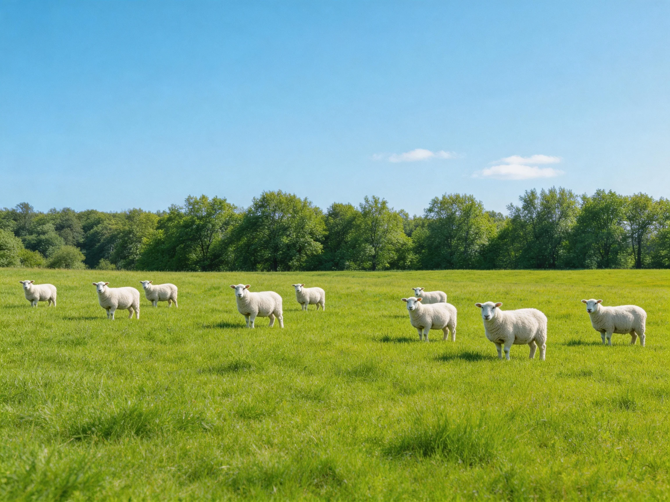 Nine white sheep graze in a lush green field under bright blue sky