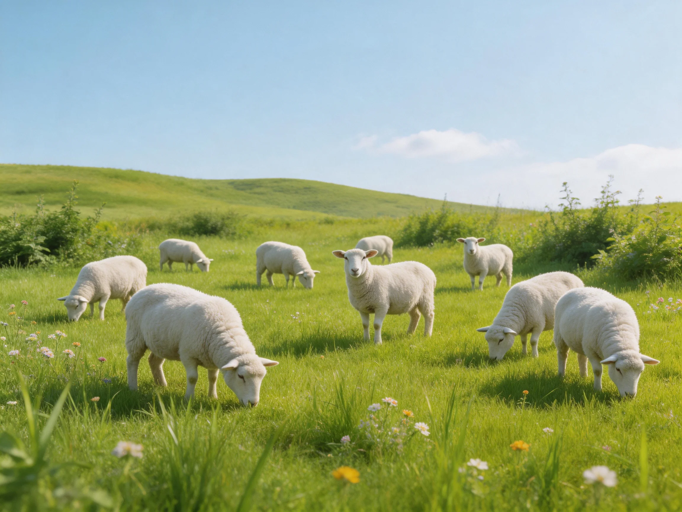 Nine white sheep graze in a lush green meadow under clear blue sky