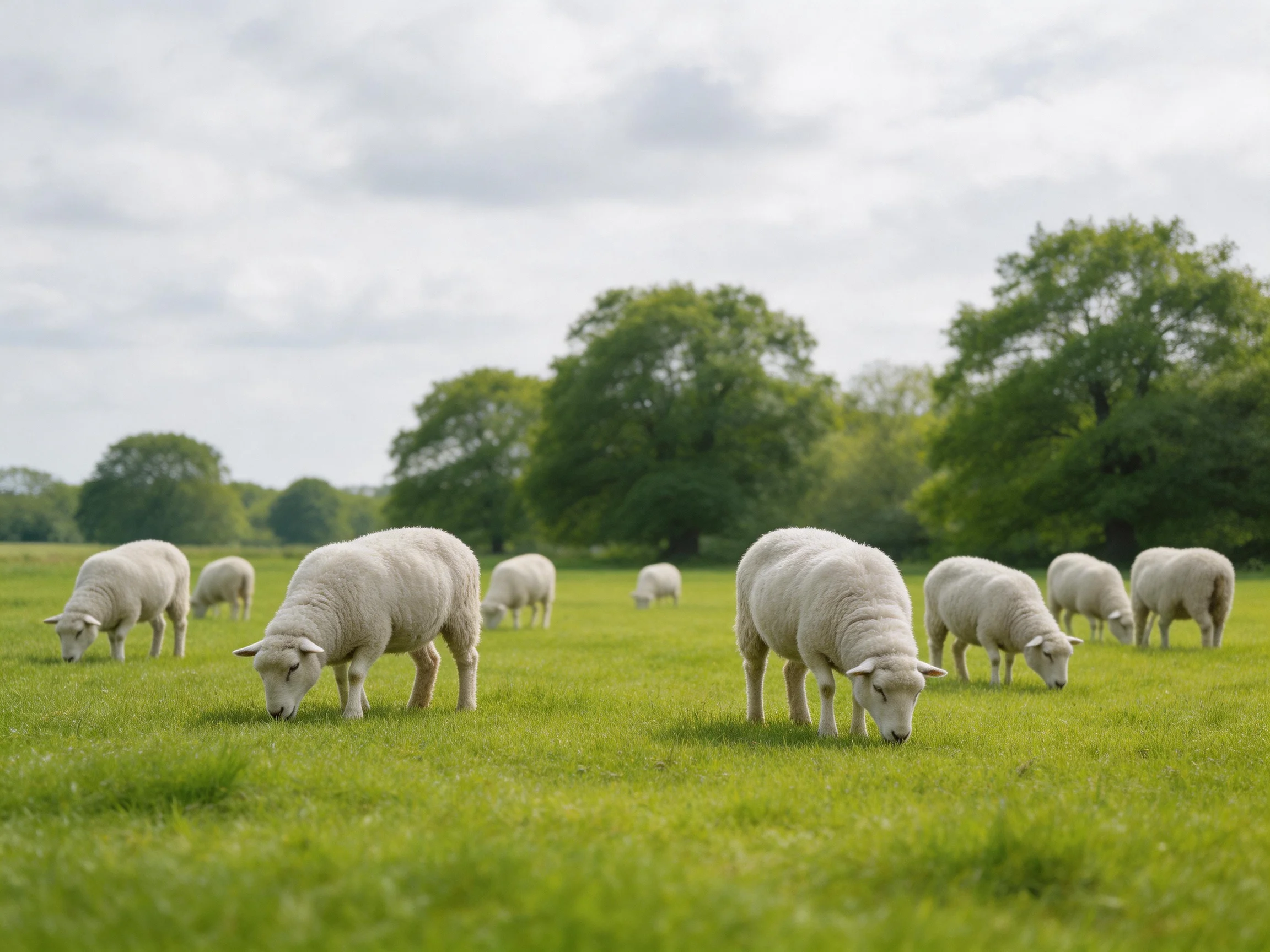 Nine white sheep graze in a lush green pasture near large trees