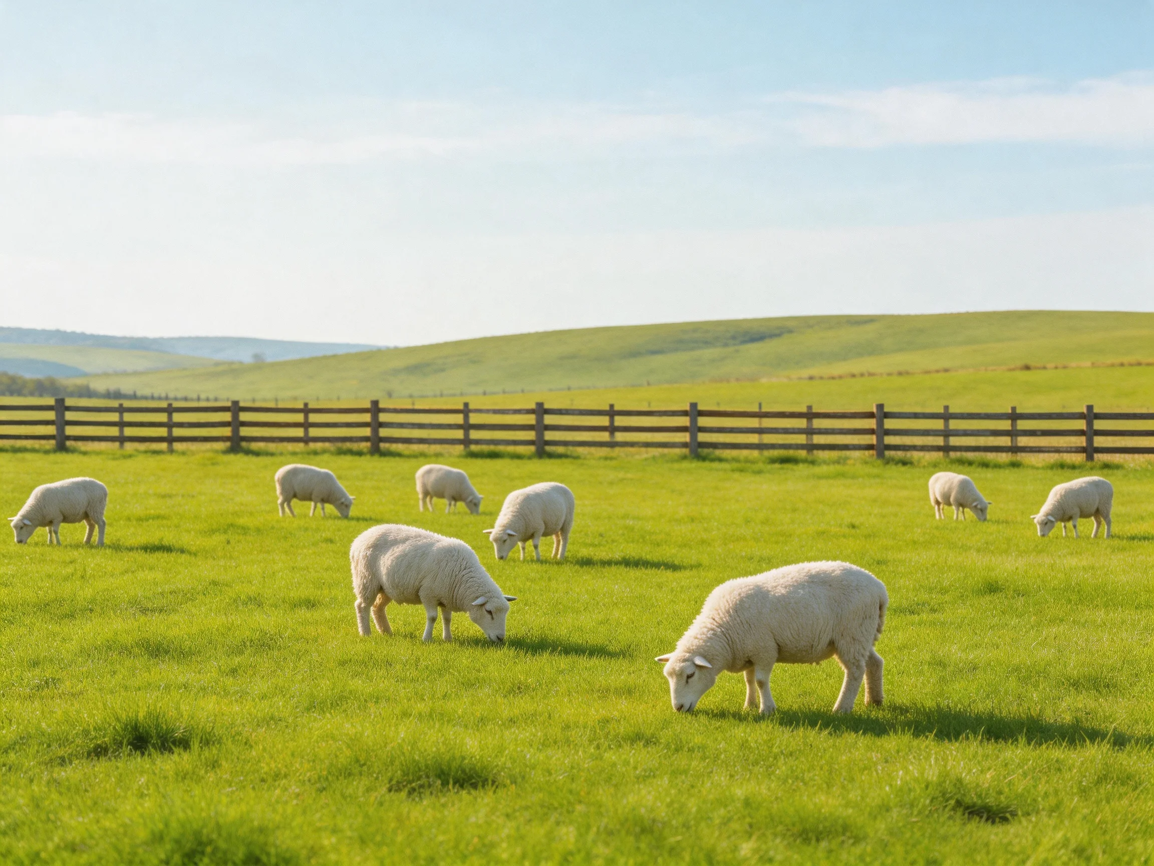 Nine white sheep graze in a lush green pasture near wooden fences