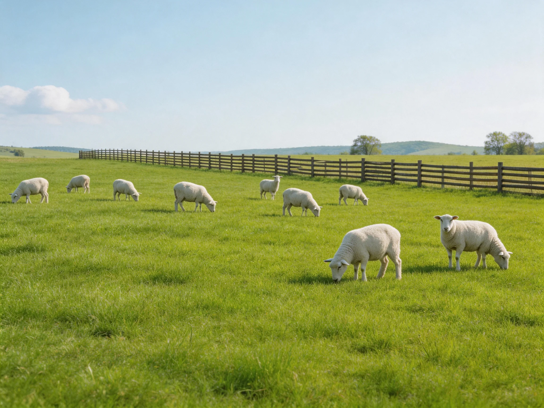 Nine white sheep graze in a lush green pasture with a wooden fence