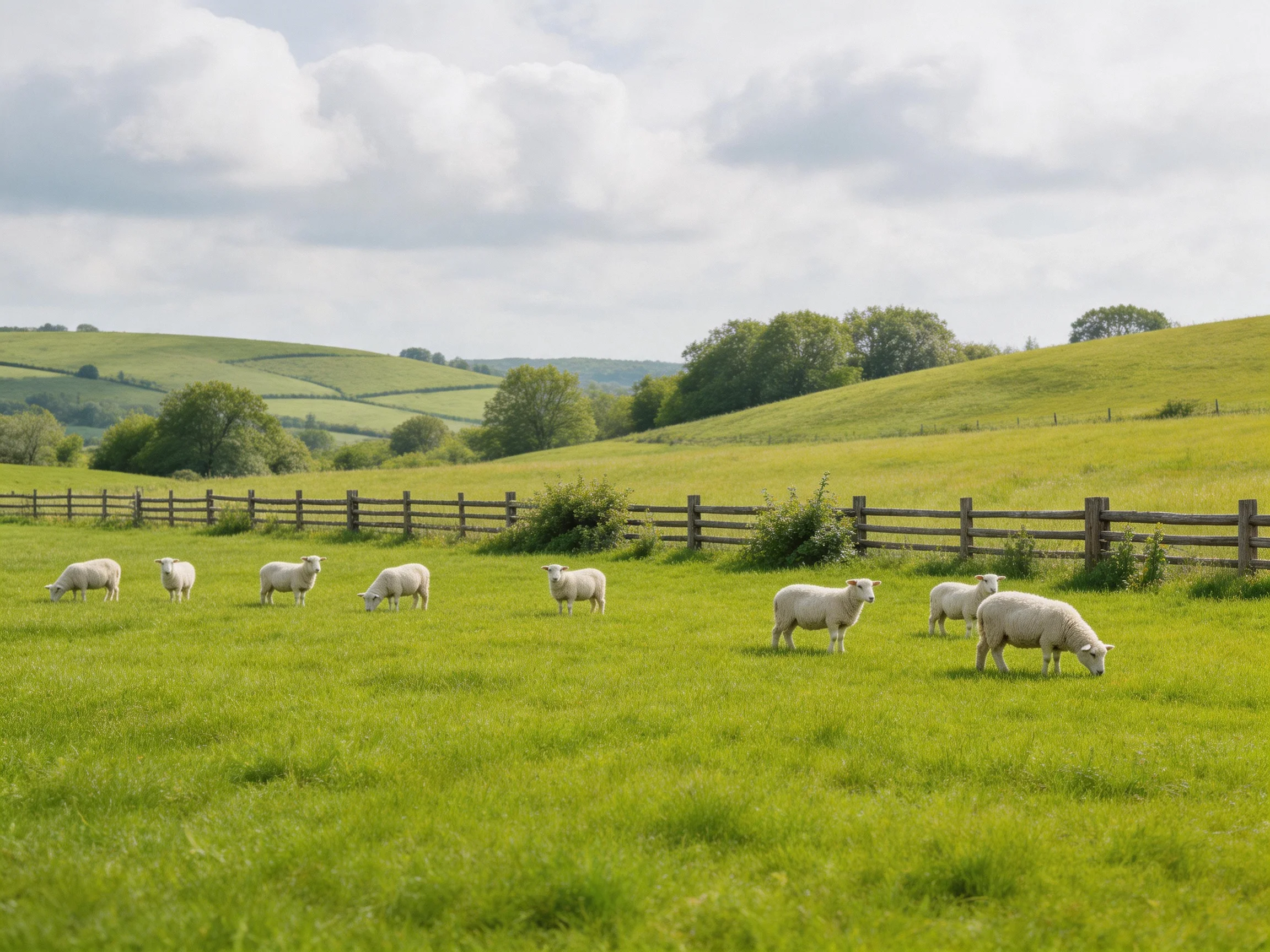 Nine white sheep graze in a lush green pasture with wooden fences