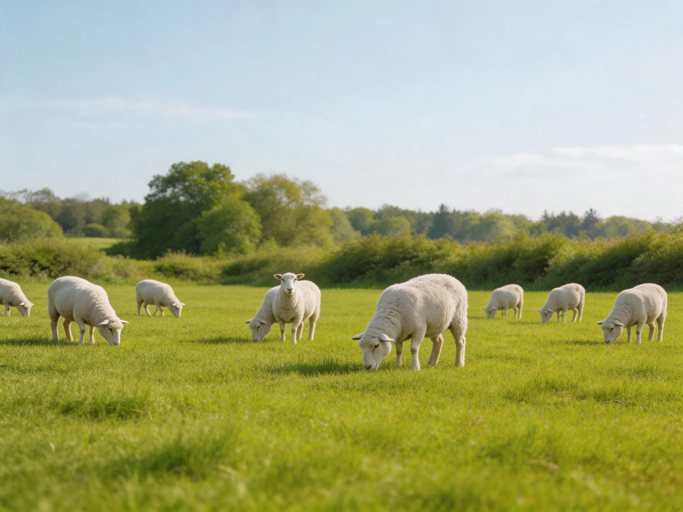 Nine white sheep graze in a sunlit green pasture