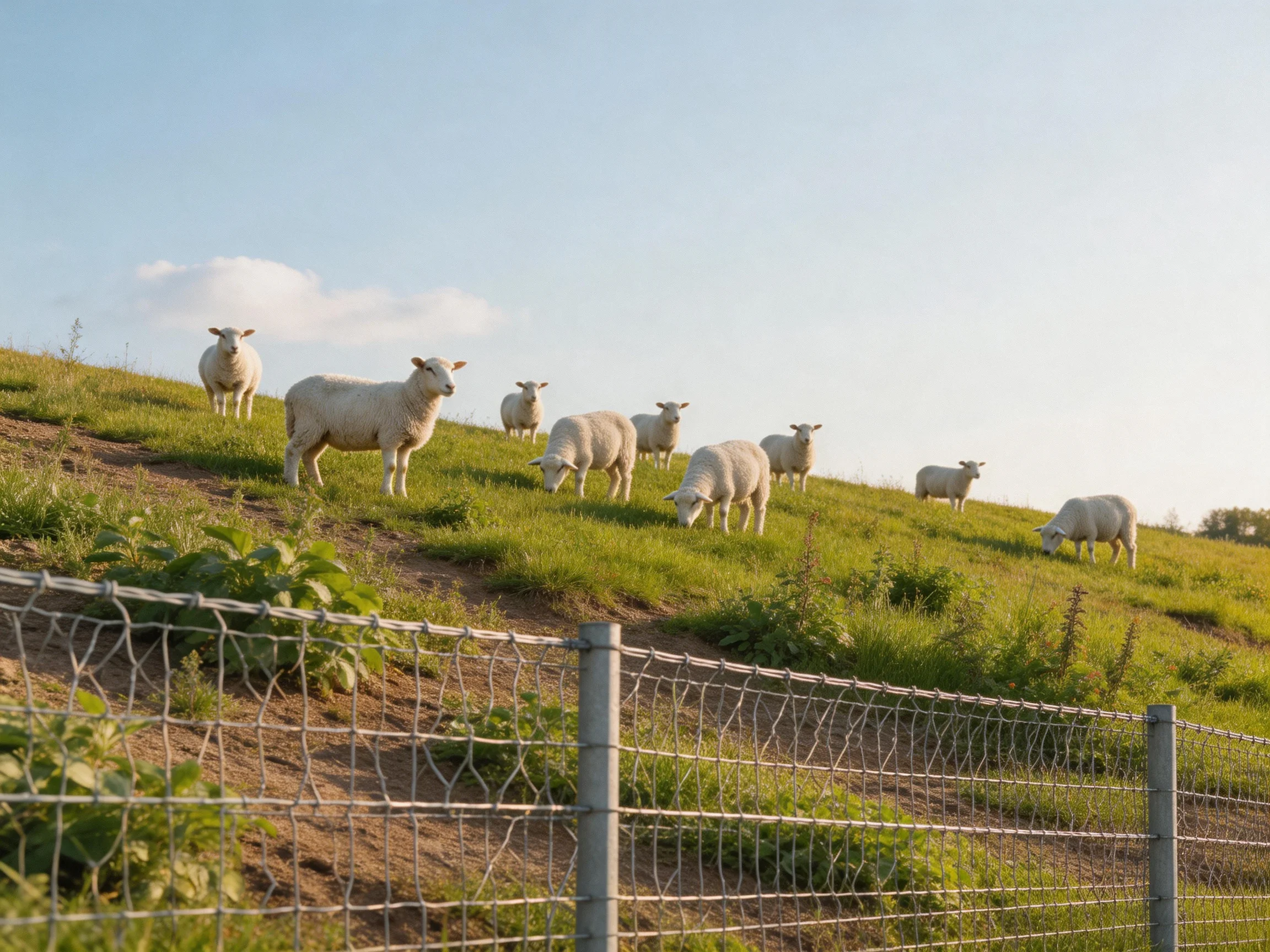 Nine white sheep graze on a sunny grassy hillside near a wire fence