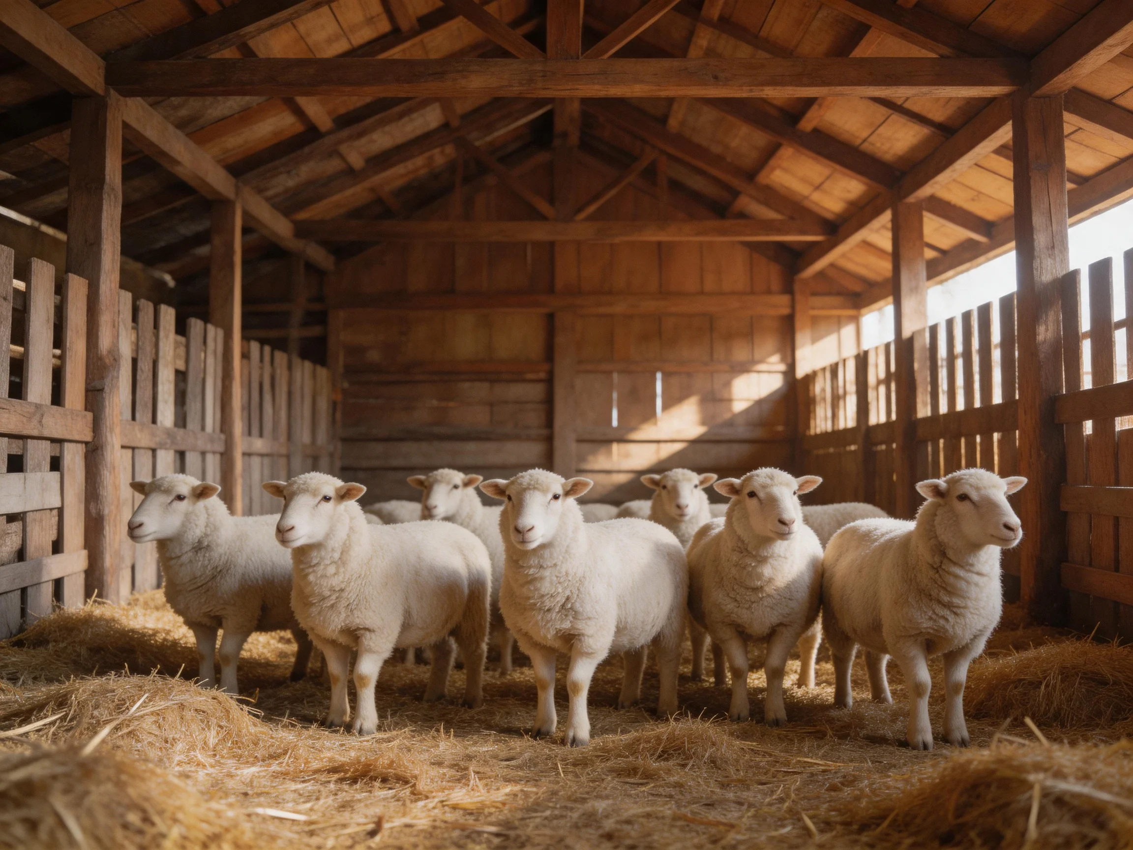 Nine white sheep in a rustic wooden barn with golden hay