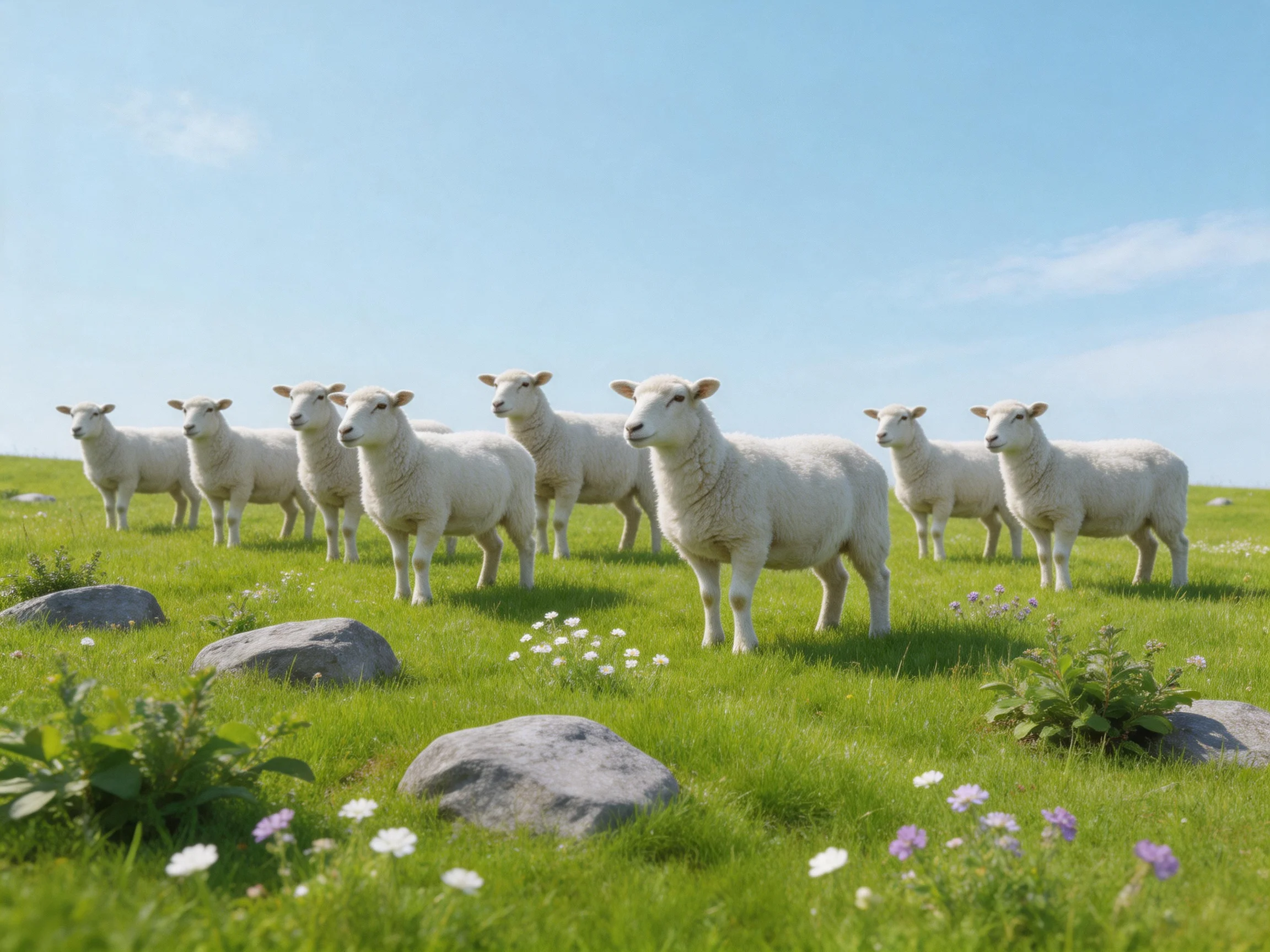 Nine white sheep on a lush green hillside with scattered rocks