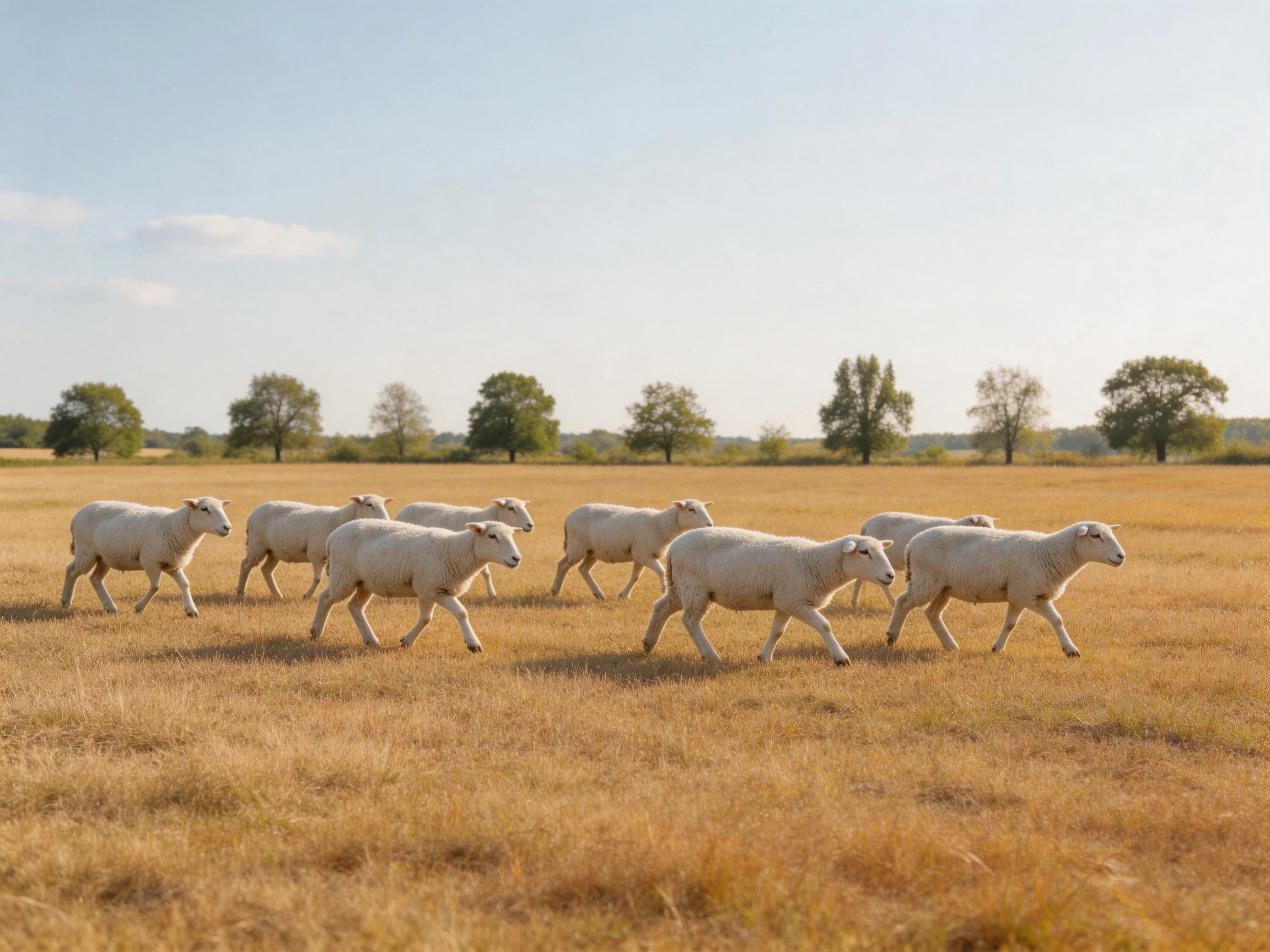 Nine white sheep traversing golden grassland with distant trees